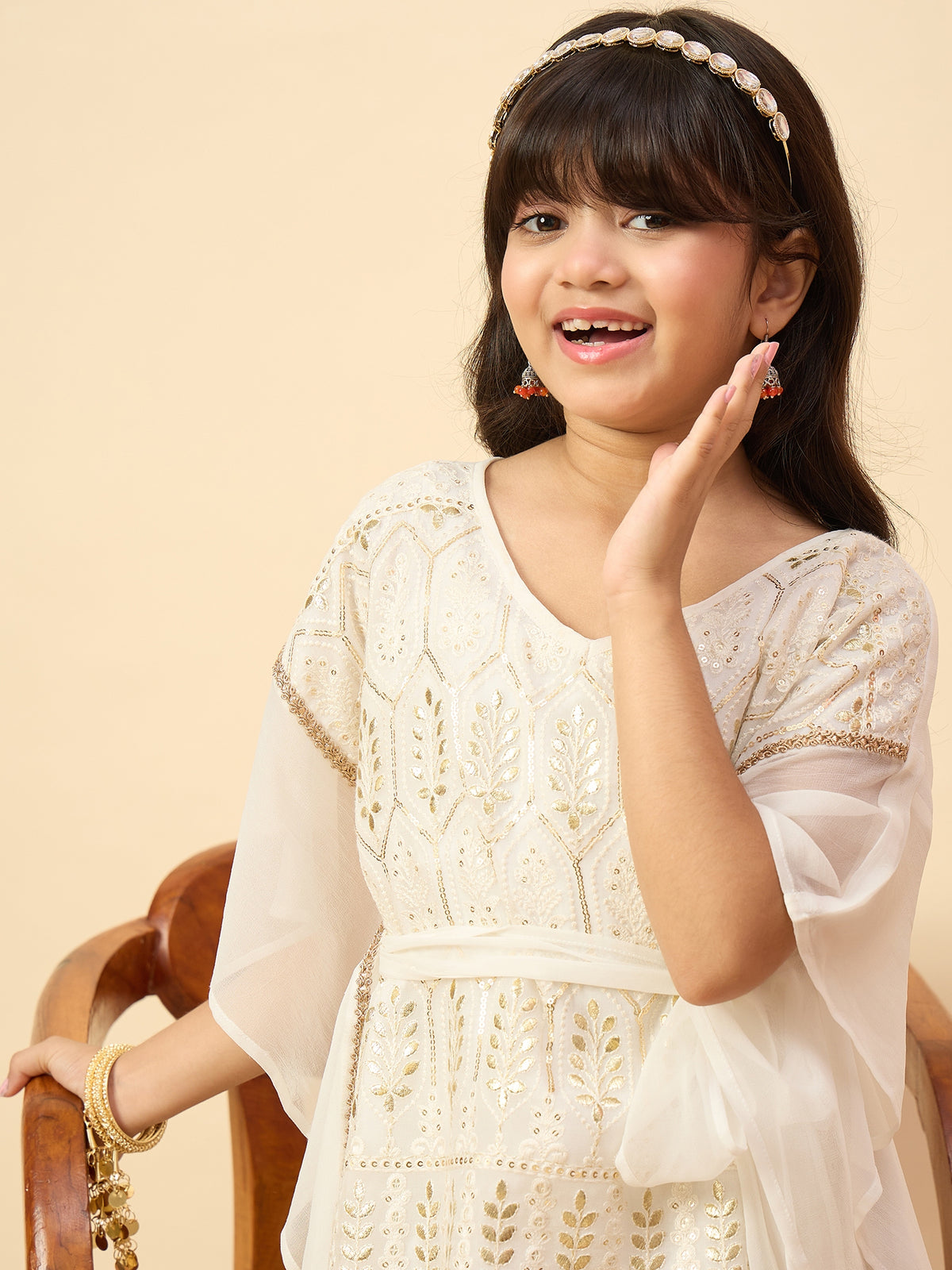 Girls Hip Length Embroidery Kurti Set - Off-White