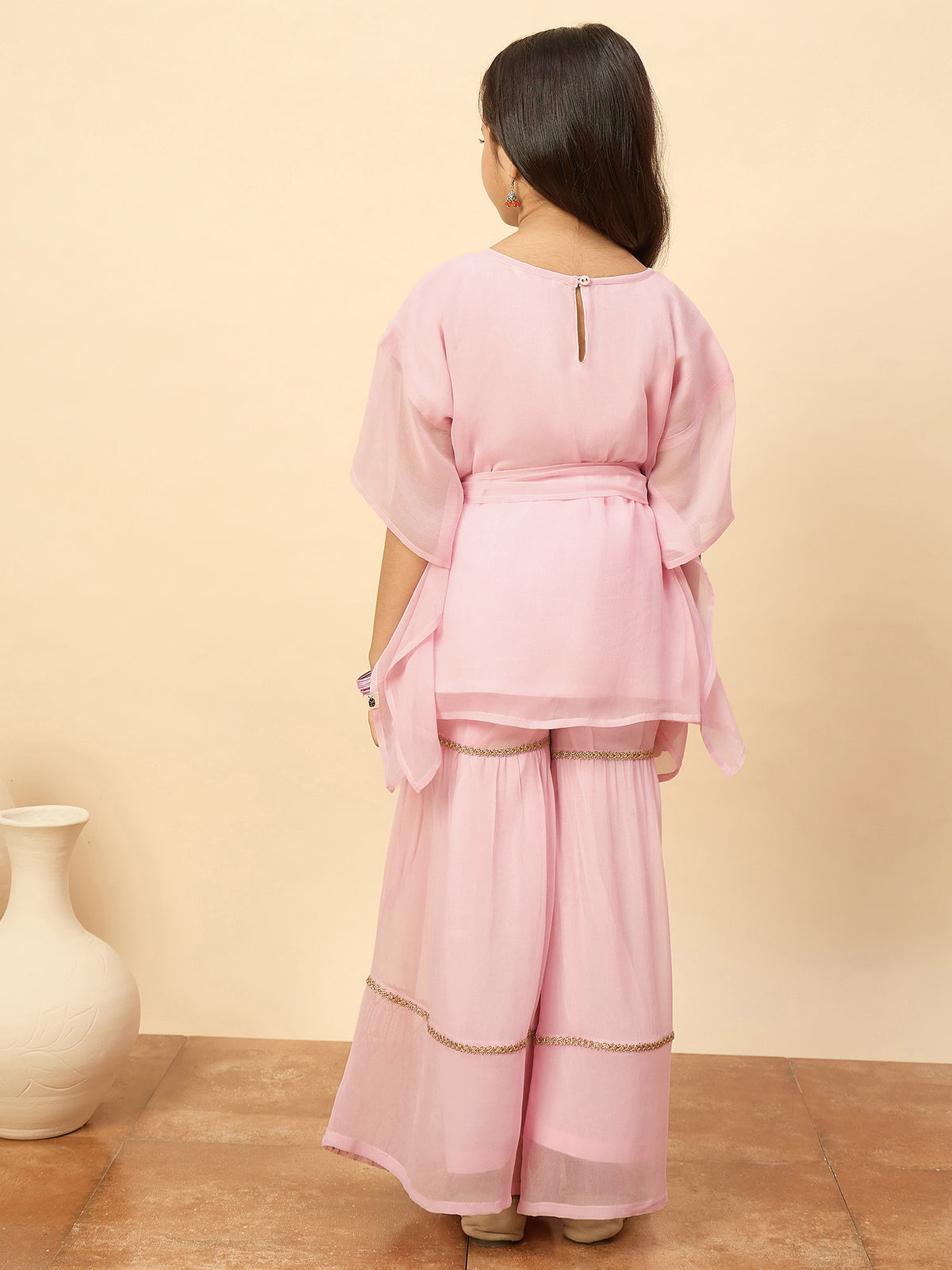Girls Hip Length Embroidery Kurti Set - Pink