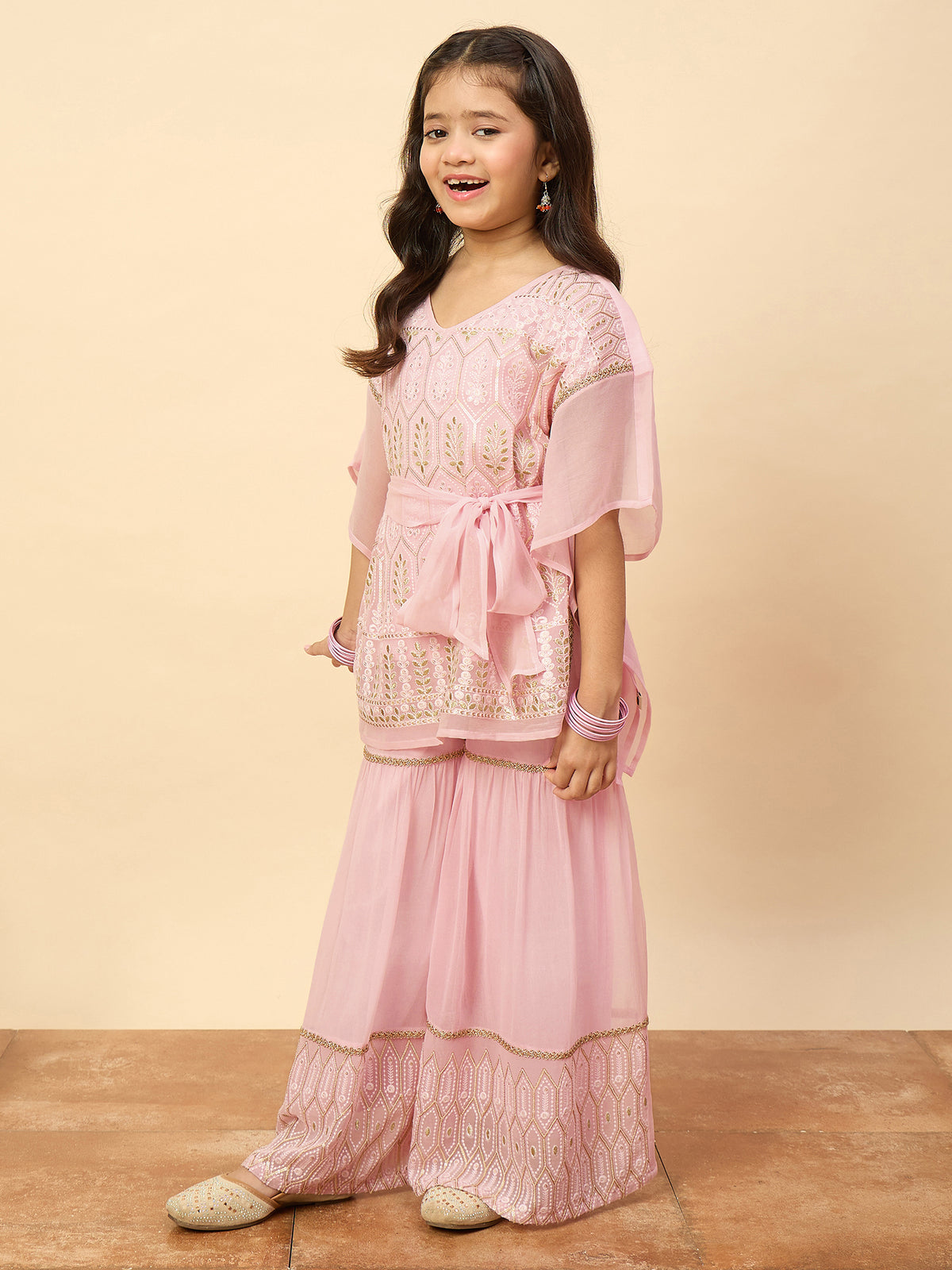 Girls Hip Length Embroidery Kurti Set - Pink