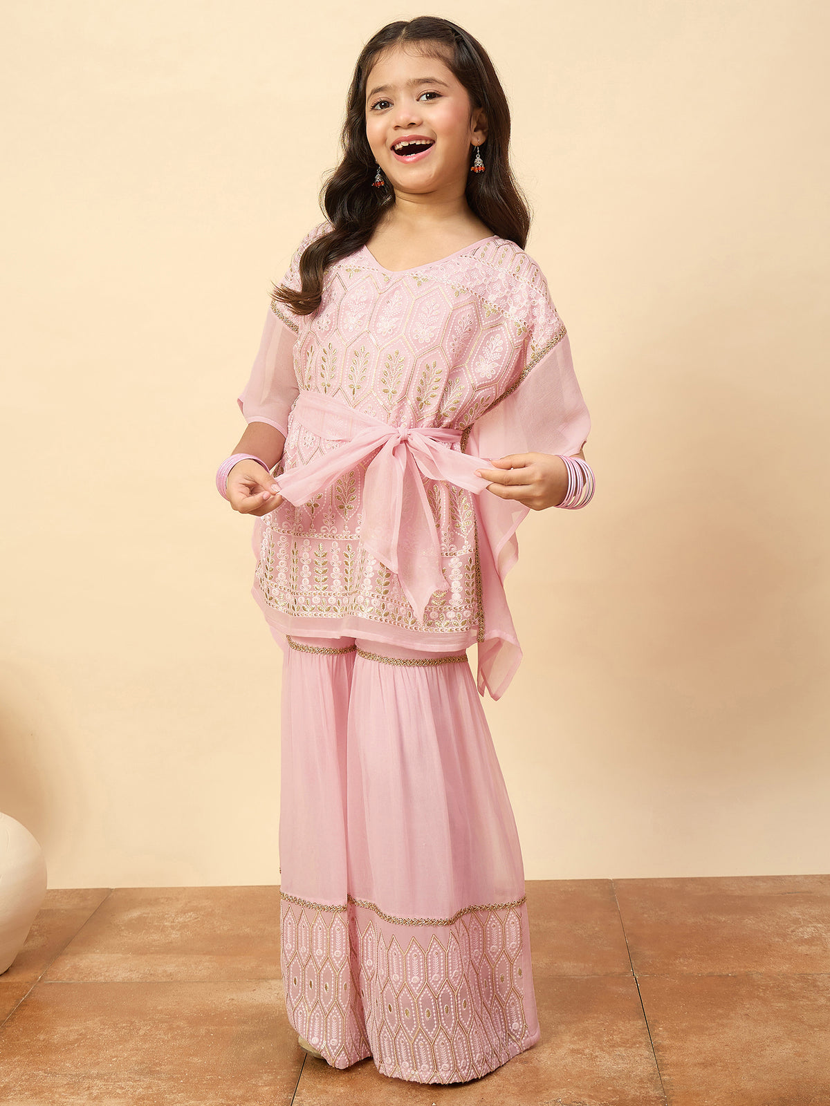 Girls Hip Length Embroidery Kurti Set - Pink