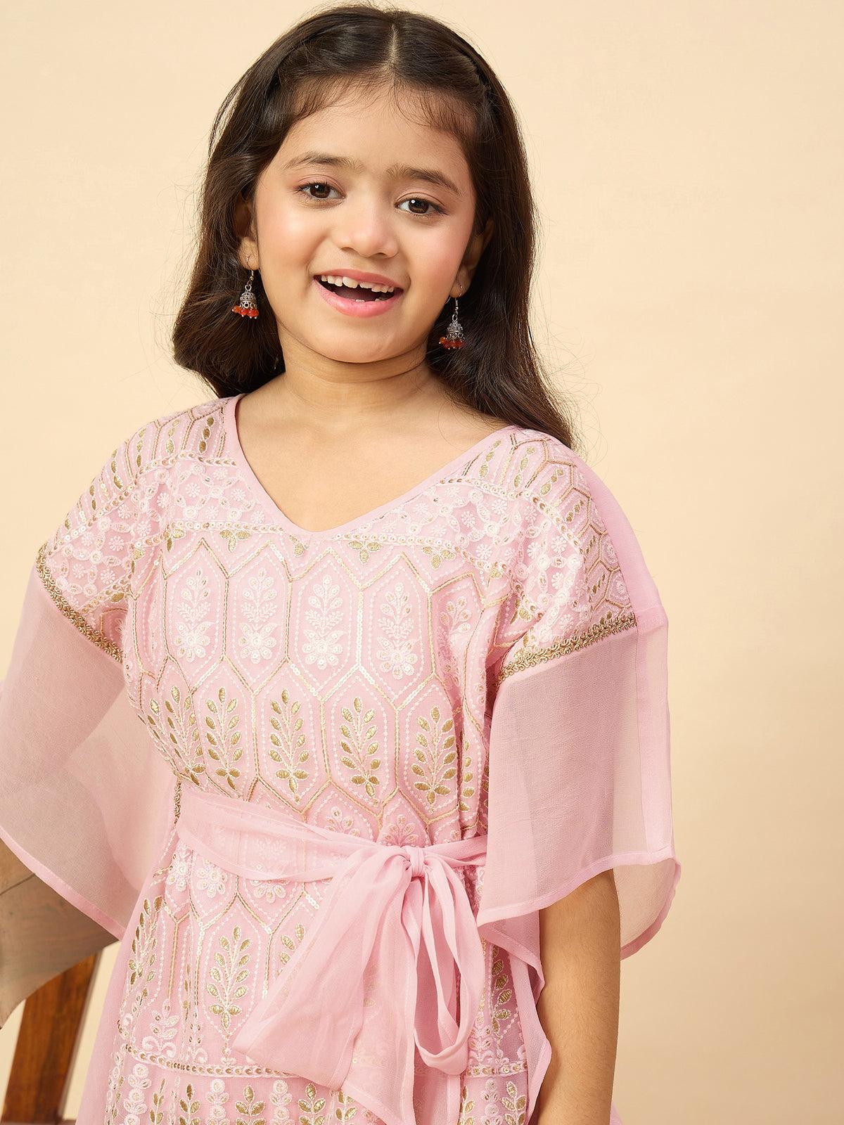 Girls Hip Length Embroidery Kurti Set - Pink