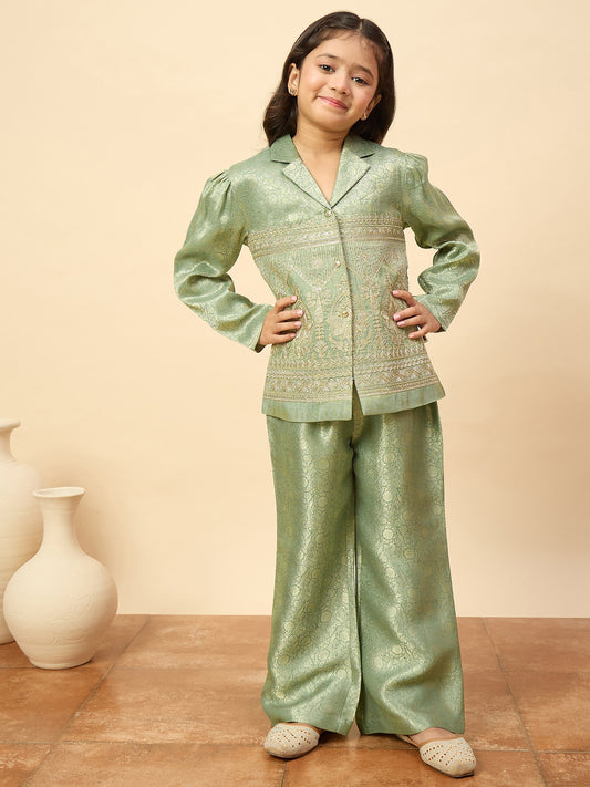 Girls Hip Length Embroidery Top With Pants - Green
