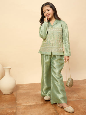 Girls Hip Length Embroidery Top With Pants - Green