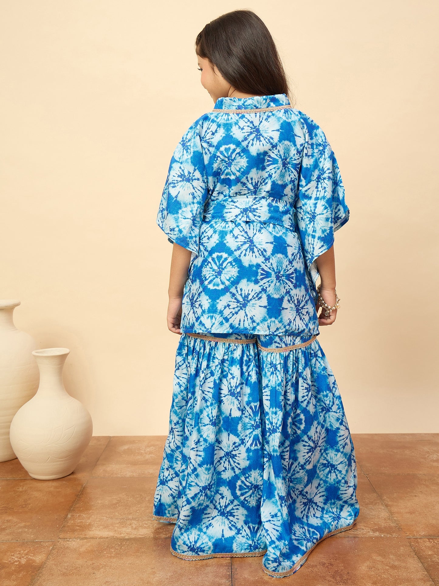 Girls Mid Thigh All over Print Kurti Set - Blue