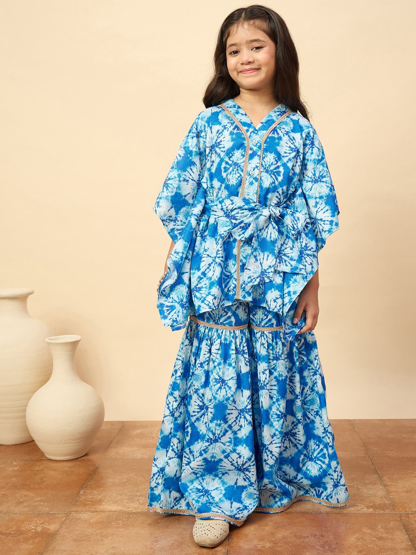 Girls Mid Thigh All over Print Kurti Set - Blue