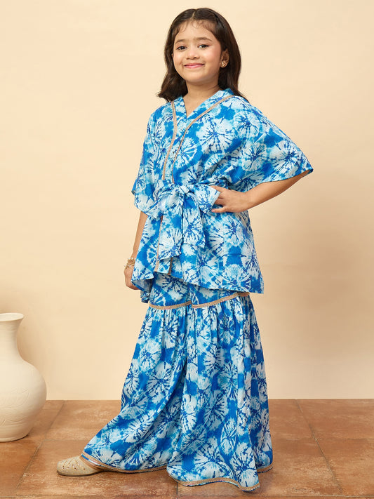 Girls Mid Thigh All over Print Kurti Set - Blue