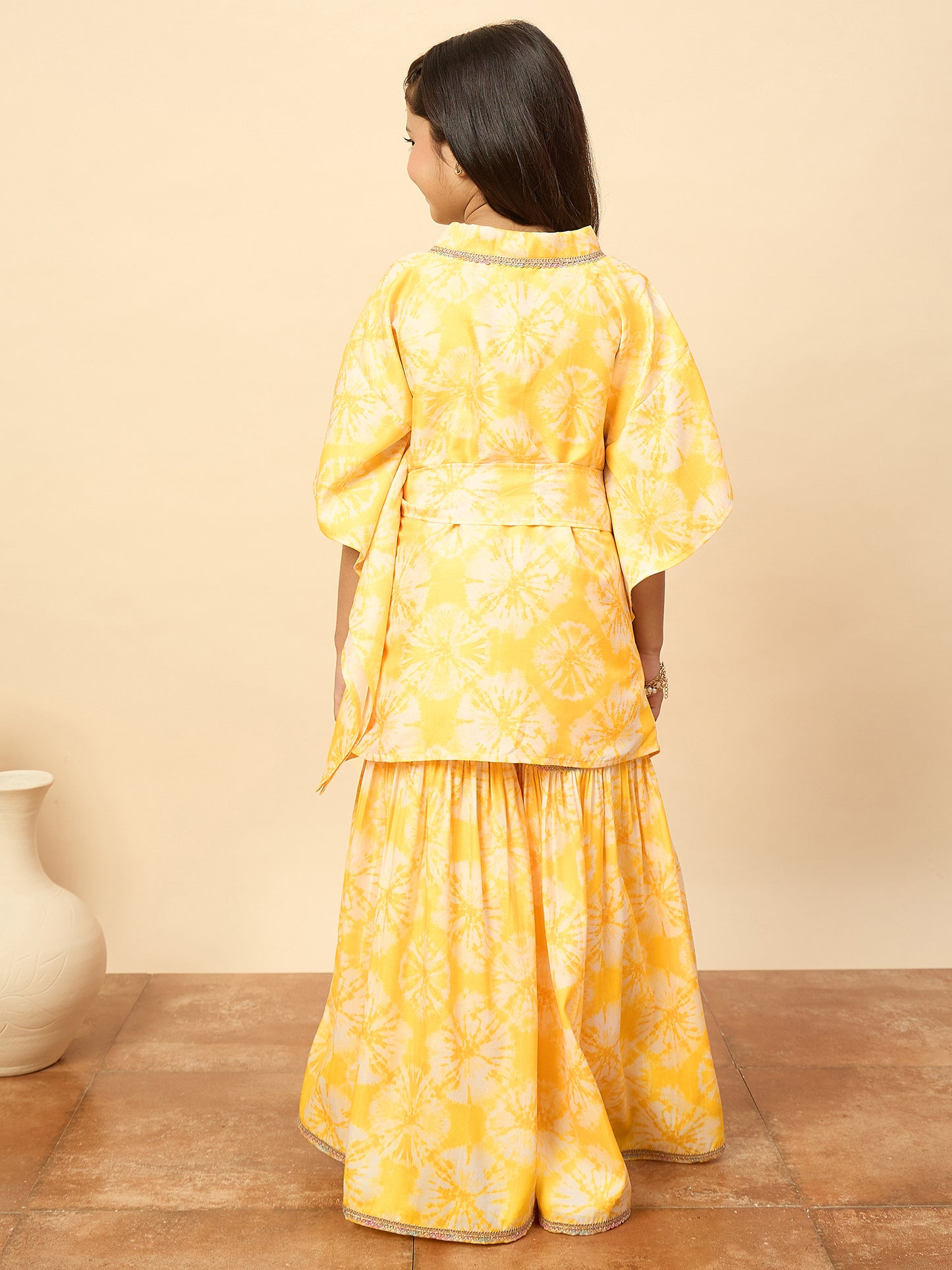Girls Mid Thigh All over Print Kurti Set - Yellow