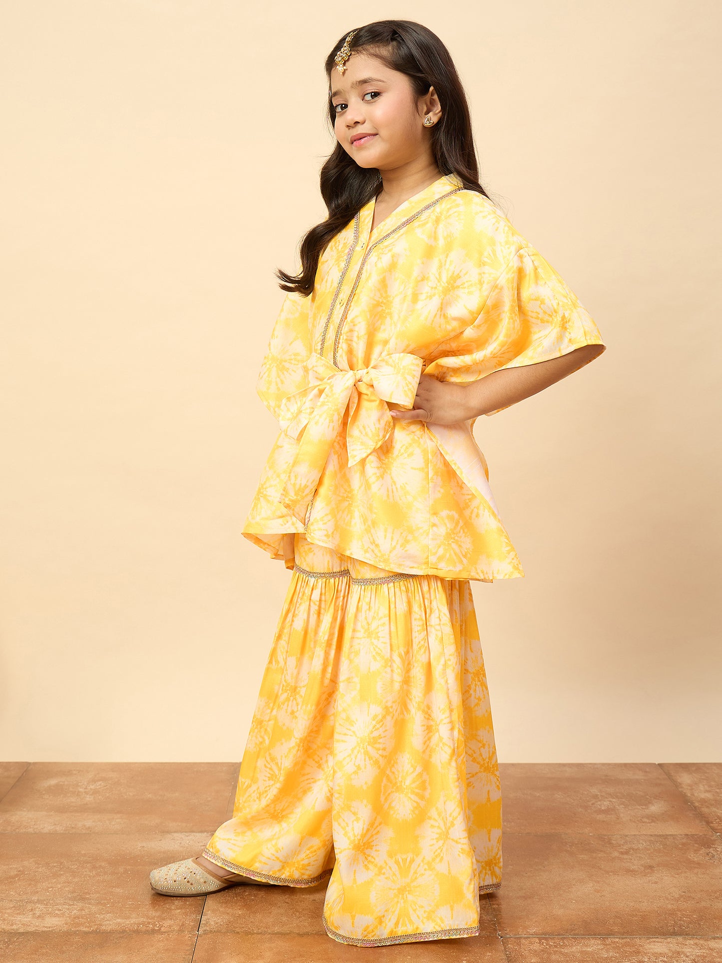Girls Mid Thigh All over Print Kurti Set - Yellow