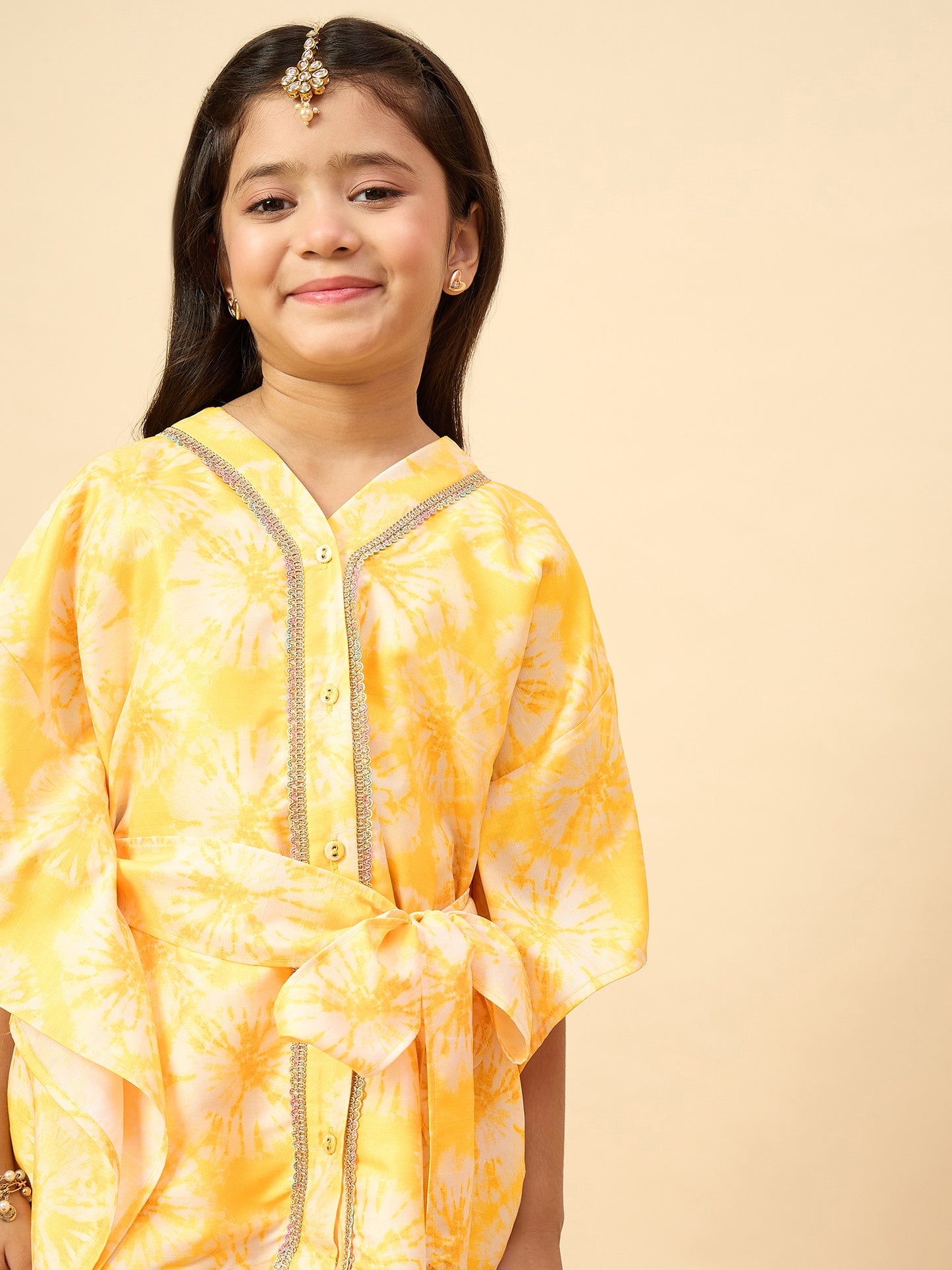 Girls Mid Thigh All over Print Kurti Set - Yellow