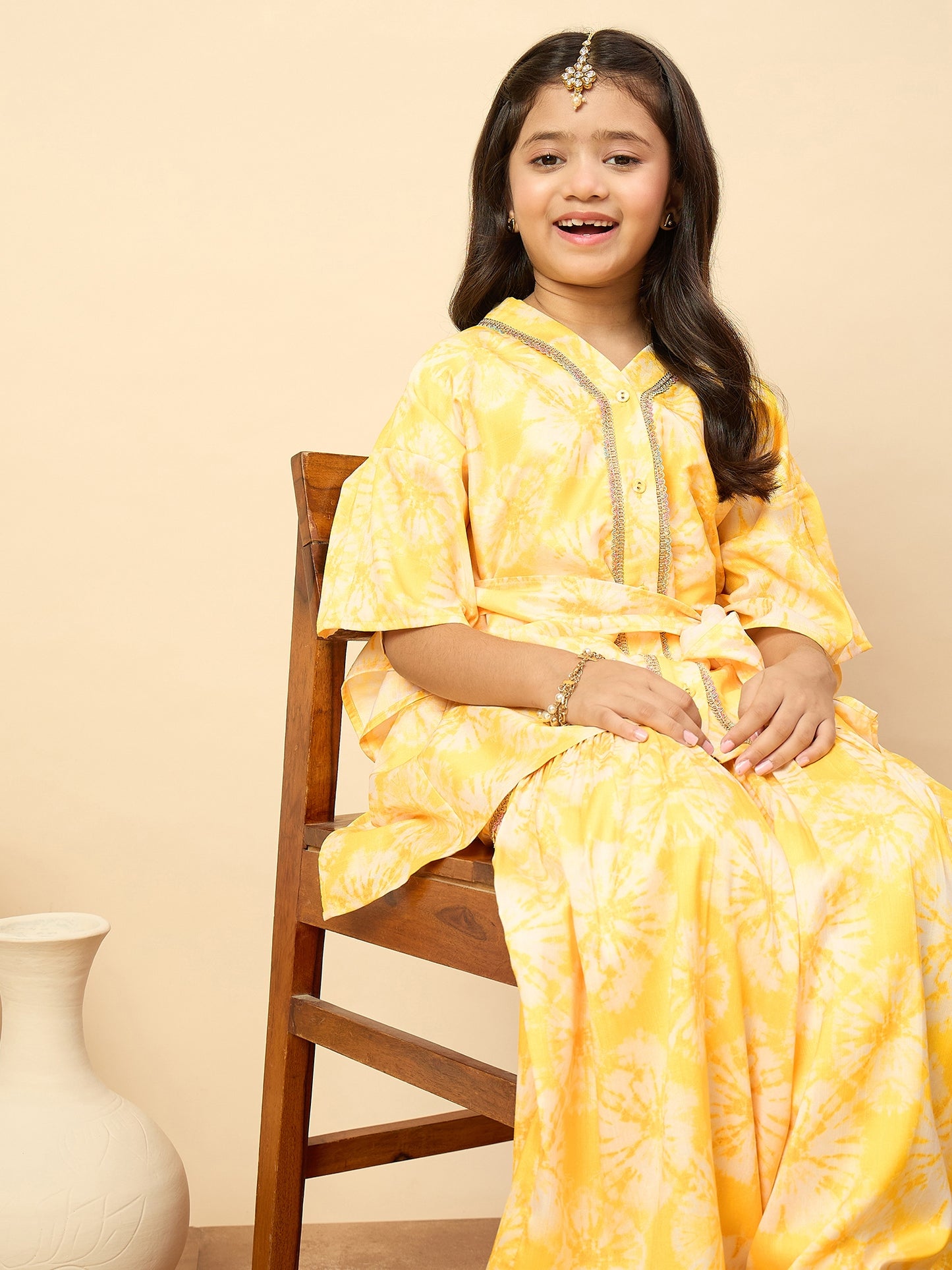 Girls Mid Thigh All over Print Kurti Set - Yellow