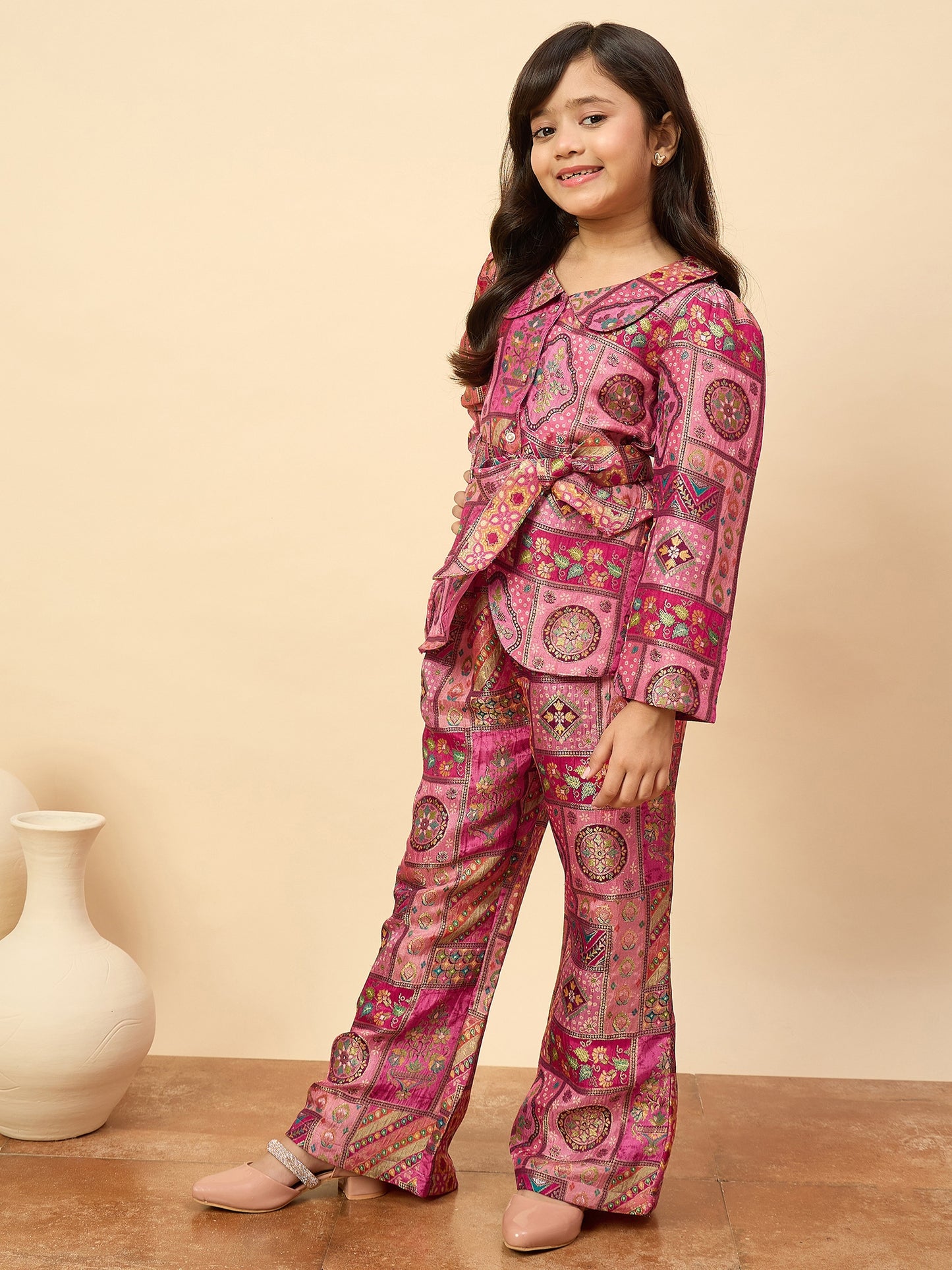 Girls Hip Length All over Print Kurti Set - Magenta