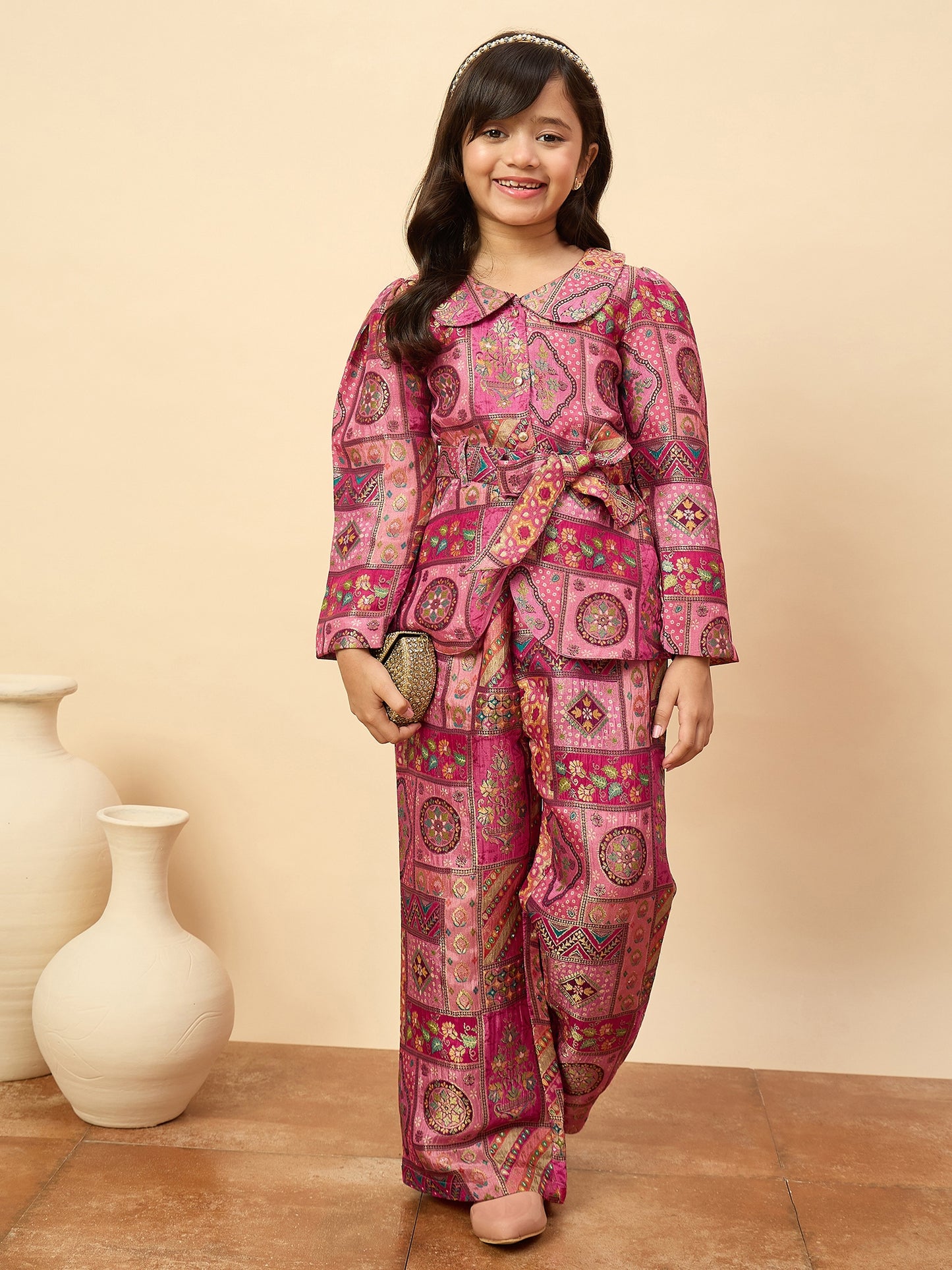 Girls Hip Length All over Print Kurti Set - Magenta