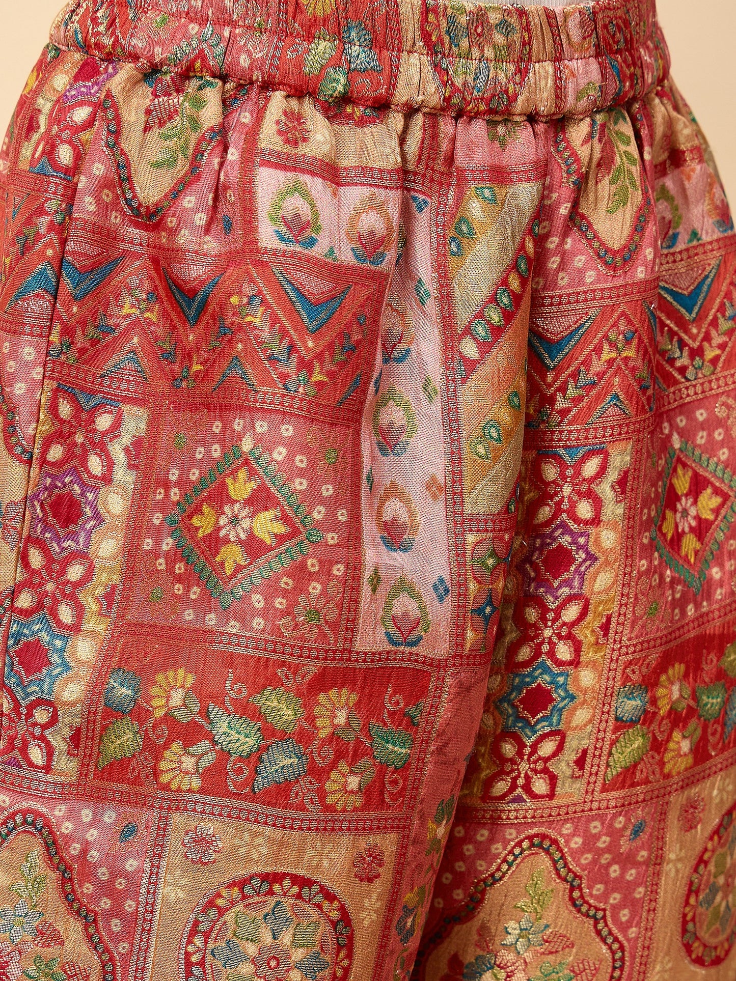 Girls Hip Length All over Print Kurti Set - Red