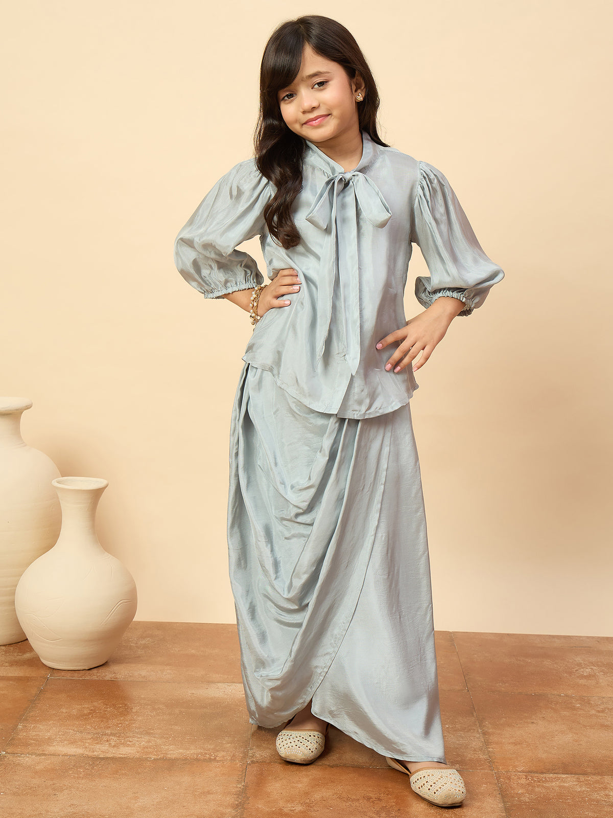 Girls Embroidery Top with Saree - Blue