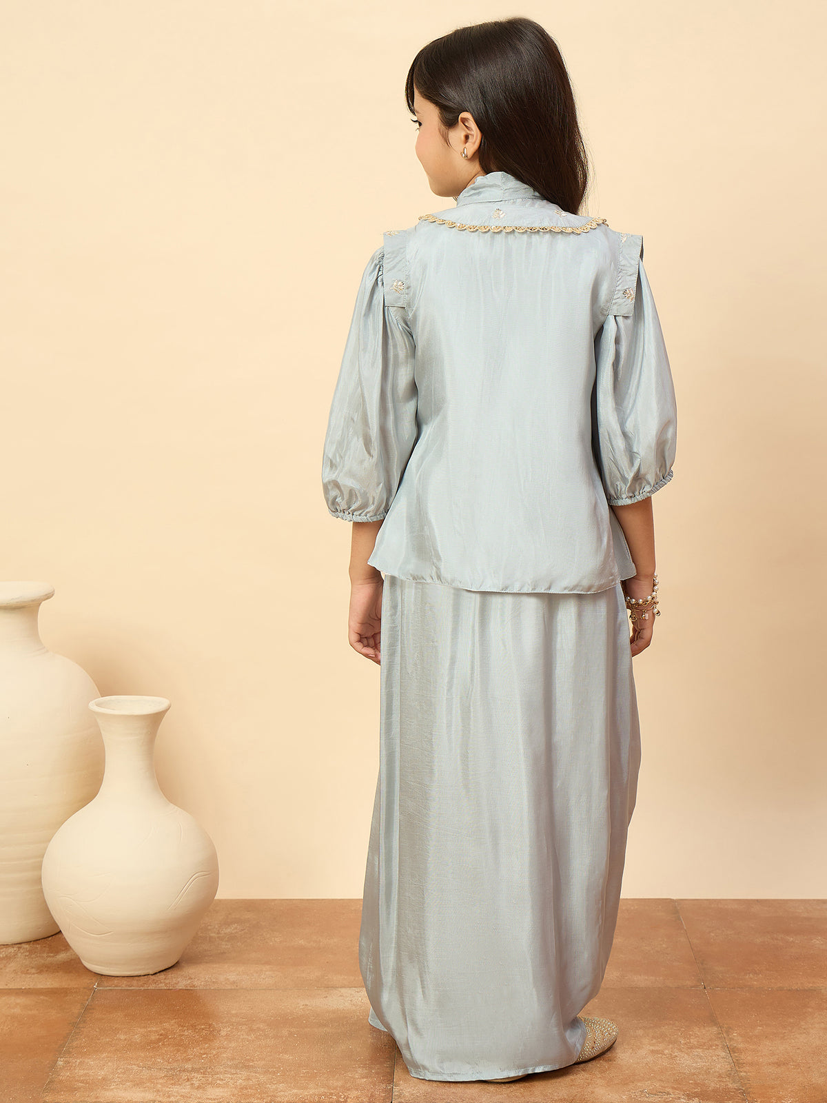 Girls Embroidery Top with Saree - Blue