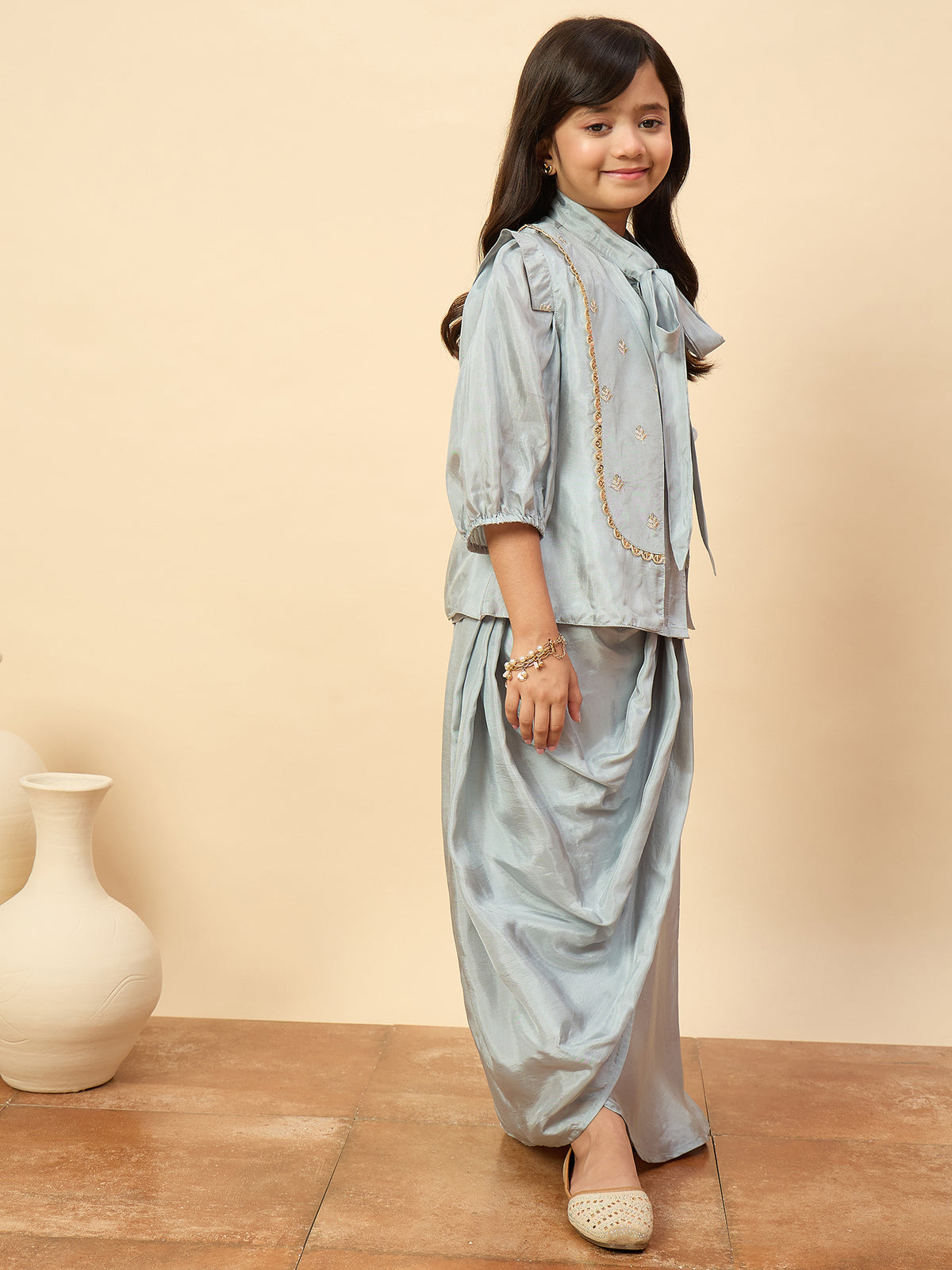 Girls Embroidery Top with Saree - Blue