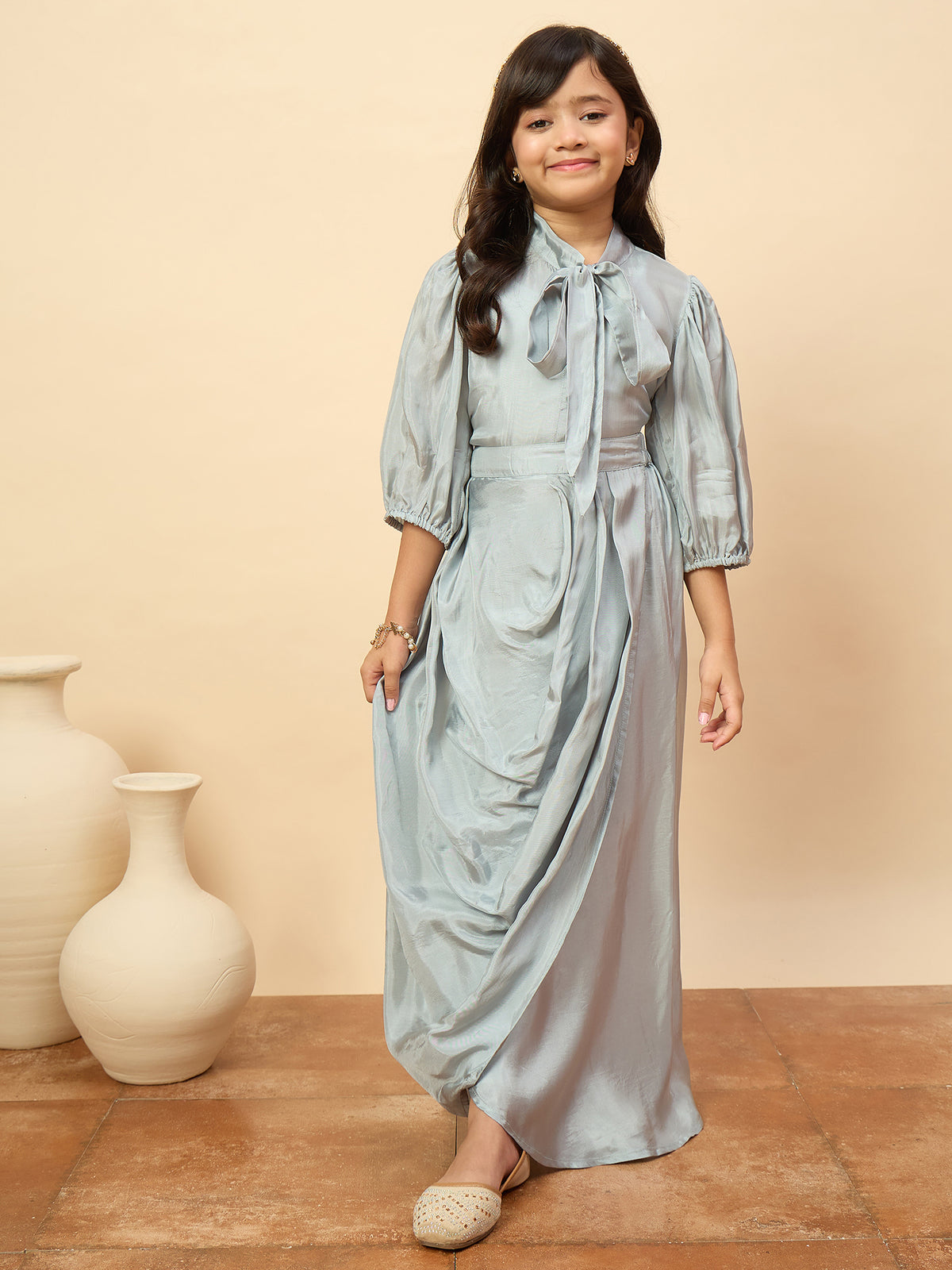 Girls Embroidery Top with Saree - Blue