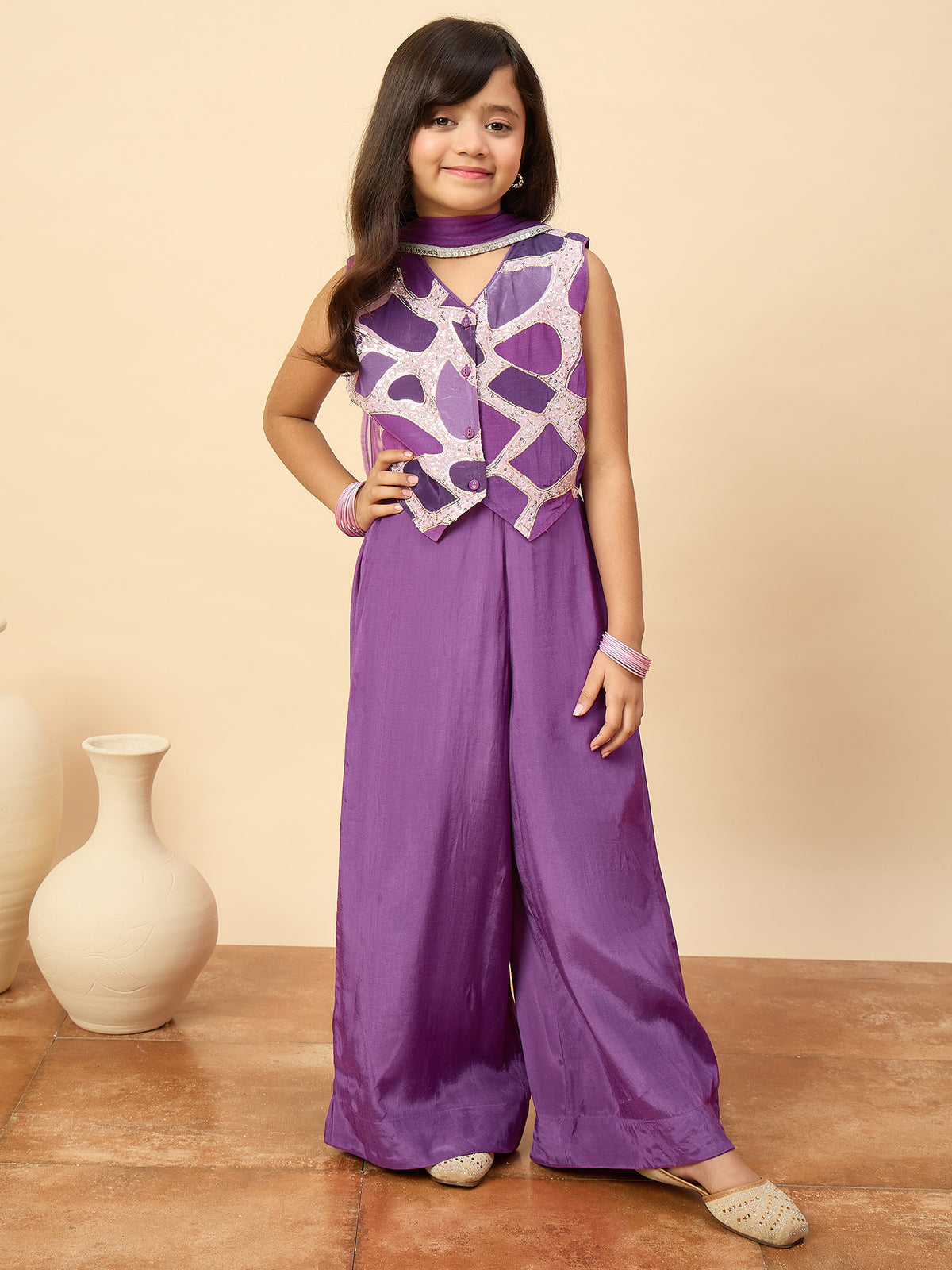 Girls Waist Length Embroidery Top With Pants - Purple