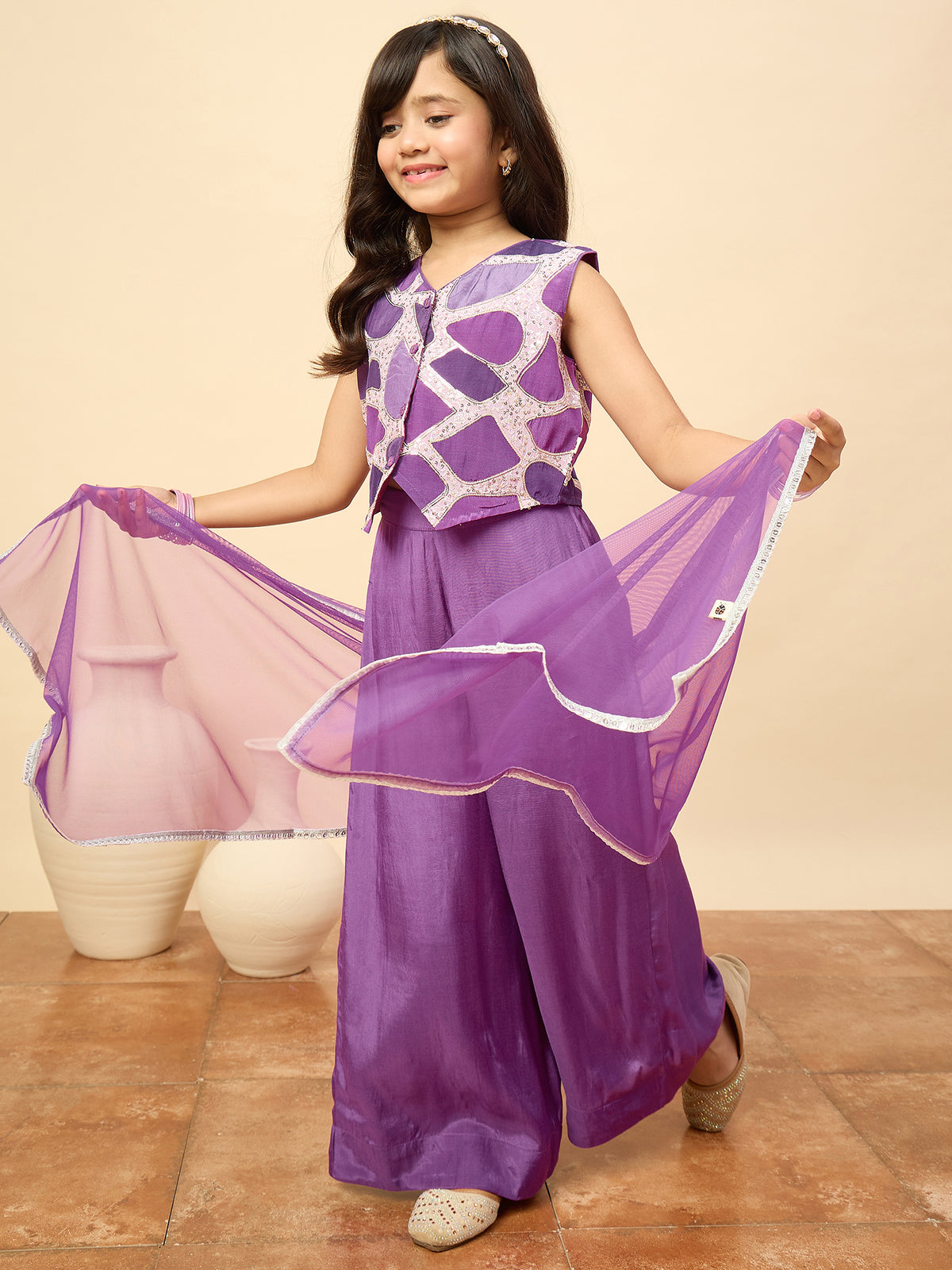 Girls Waist Length Embroidery Top With Pants - Purple