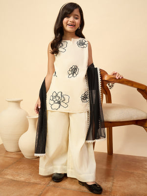 Girls Above Knee Embroidery Kurti Set - Off-White