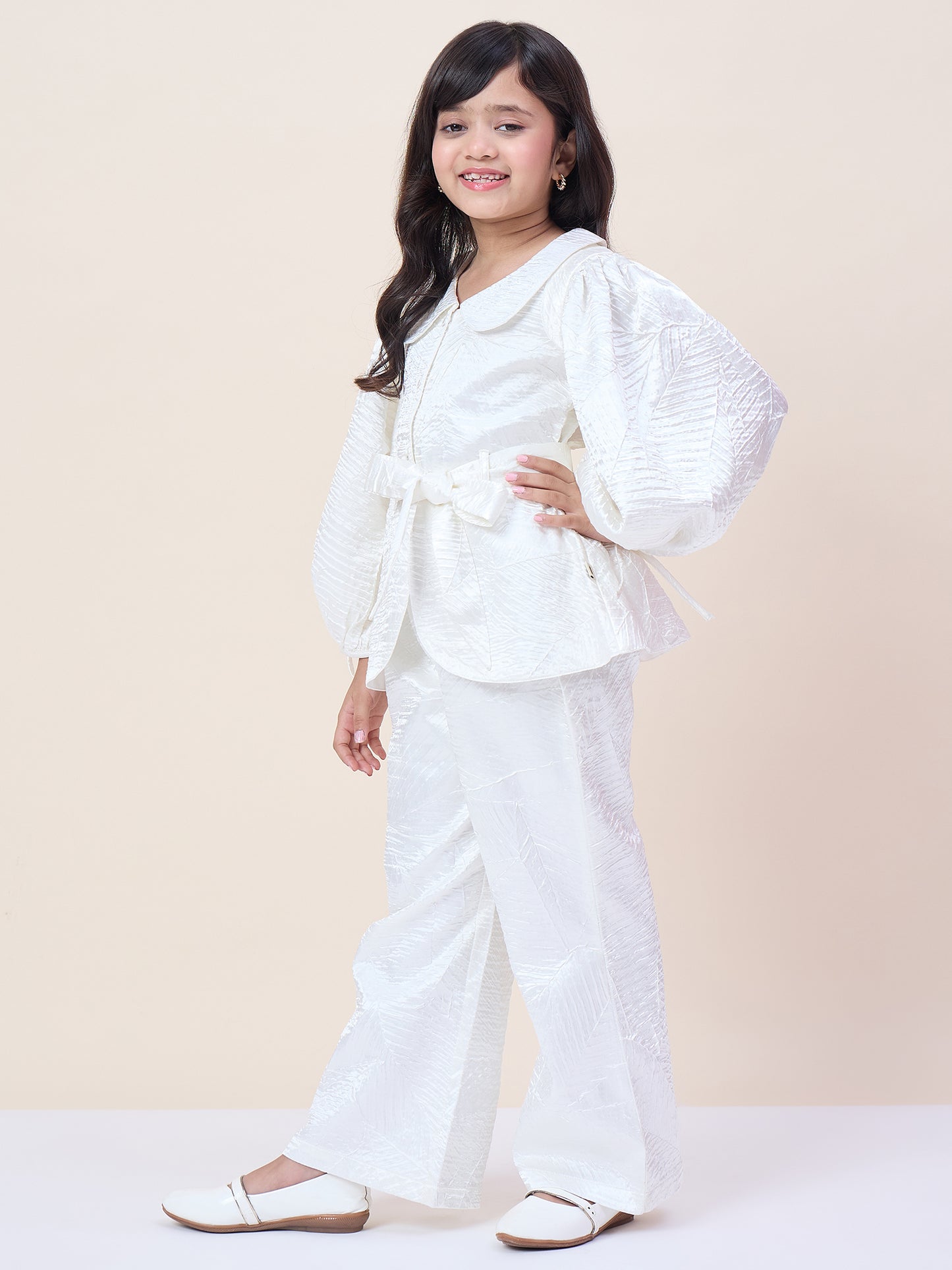 Girls Hip Length Solid Top With Pants - White