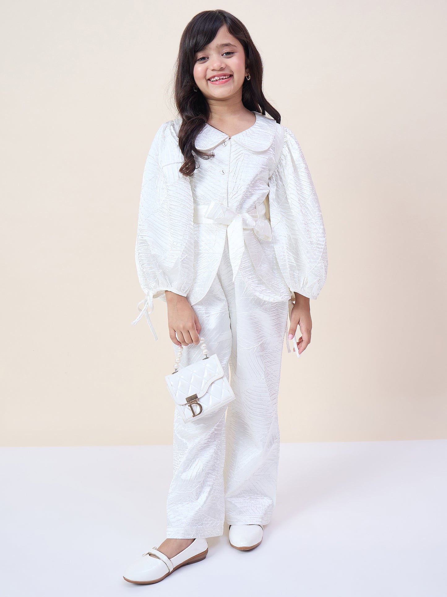 Girls Hip Length Solid Top With Pants - White