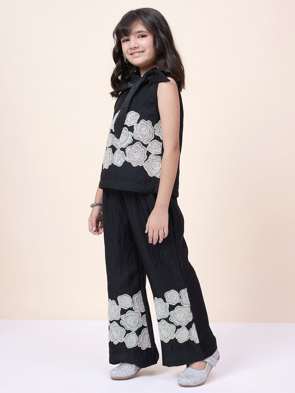 Girls Hip Length Embroidery Top With Pants - Black