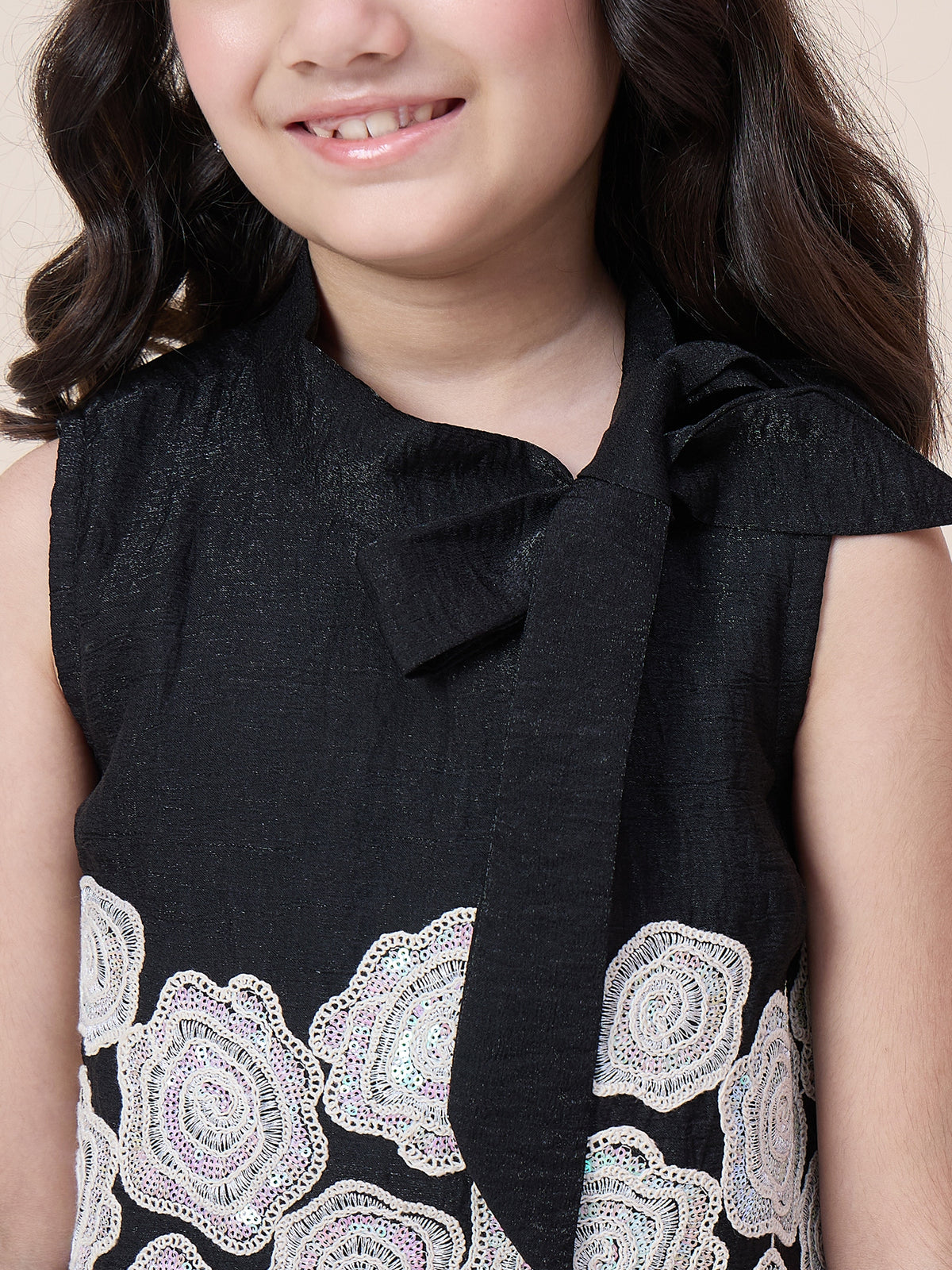 Girls Hip Length Embroidery Top With Pants - Black