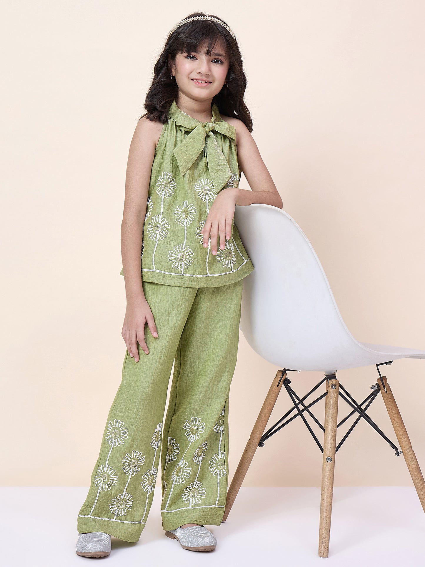 Girls Hip Length Embroidery Top With Pants - Green