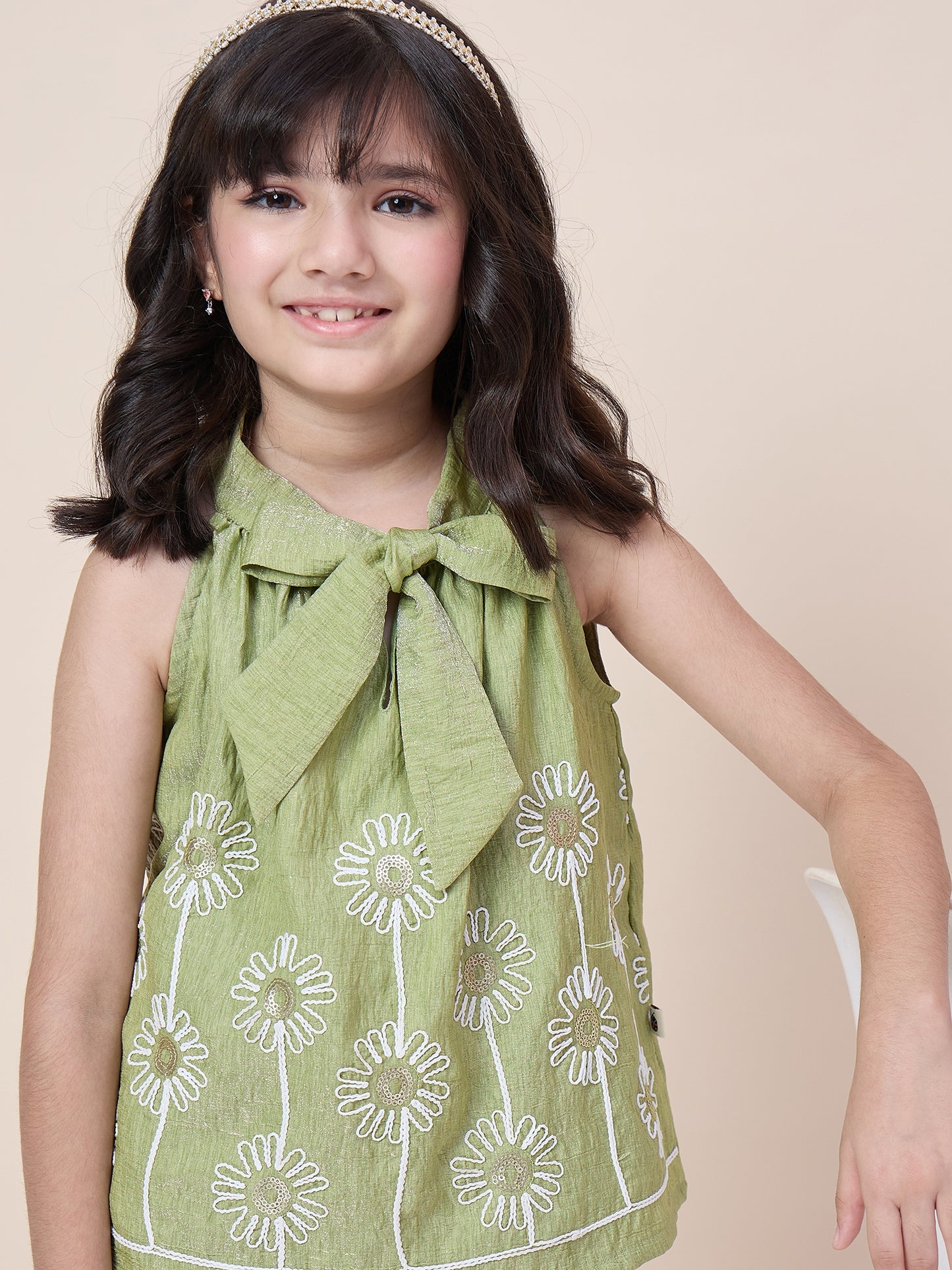 Girls Hip Length Embroidery Top With Pants - Green
