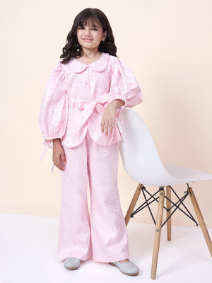 Girls Hip Length Solid Top With Pants - Pink
