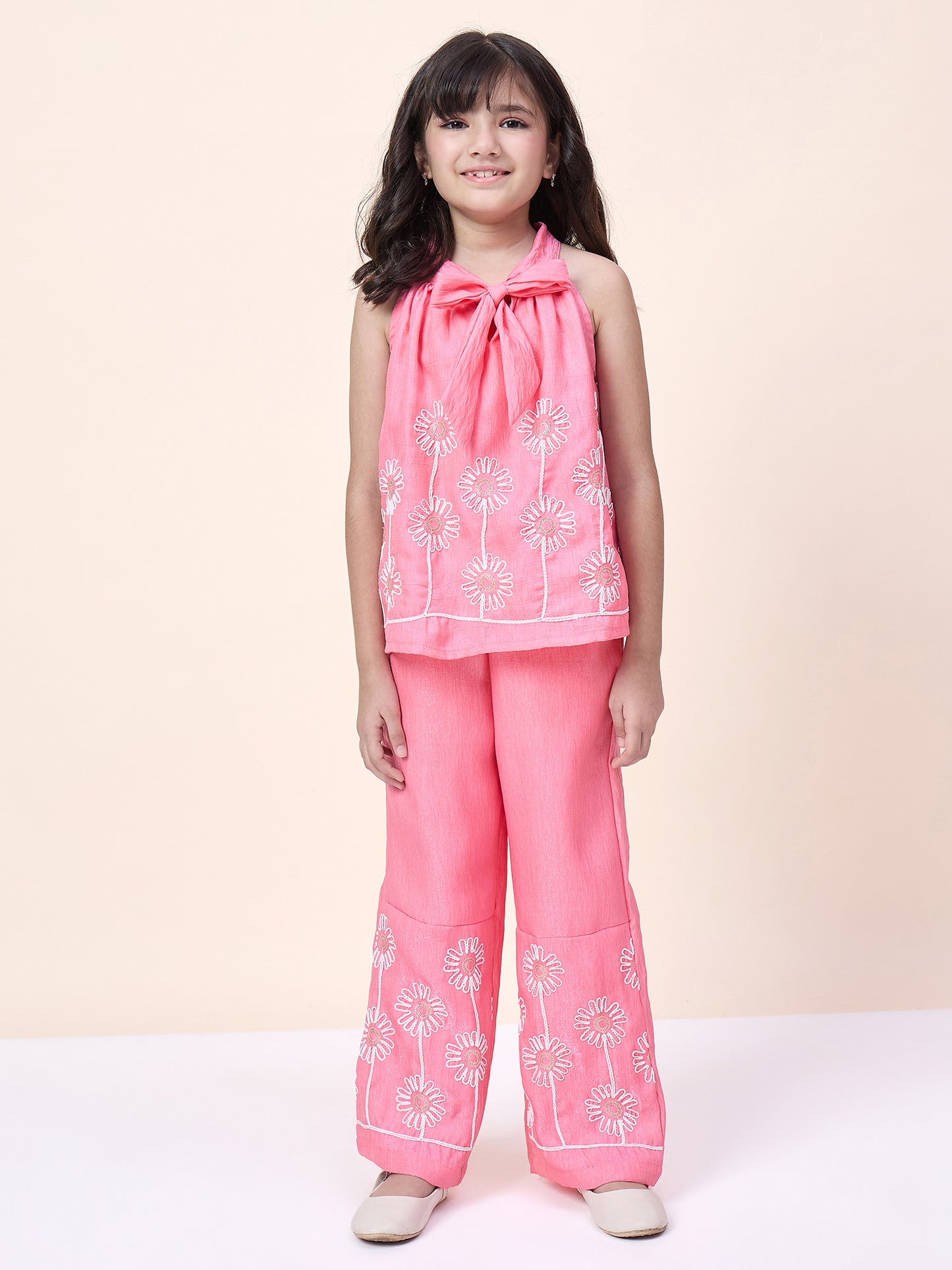Girls Hip Length Embroidery Top With Pants - Pink