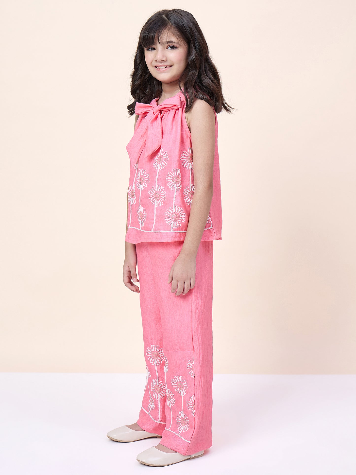 Girls Hip Length Embroidery Top With Pants - Pink