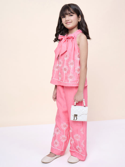 Girls Hip Length Embroidery Top With Pants - Pink