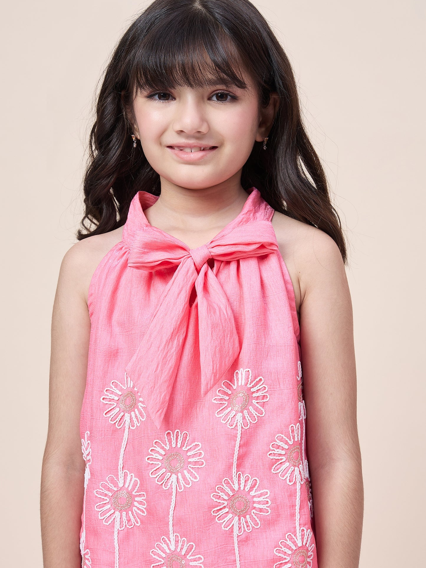 Girls Hip Length Embroidery Top With Pants - Pink