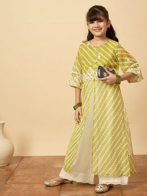 Girls Calf Length Embroidery Kurti Set - Green