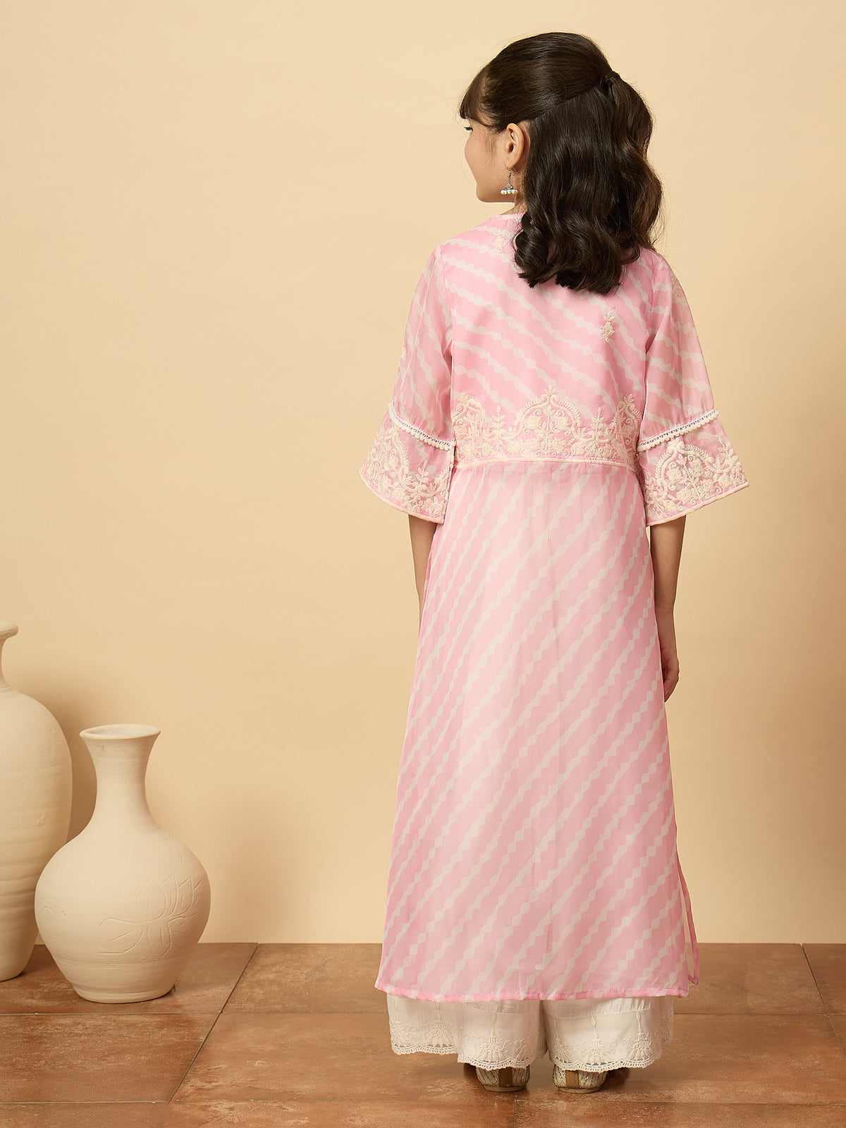 Girls Calf Length Embroidery Kurti Set - Pink