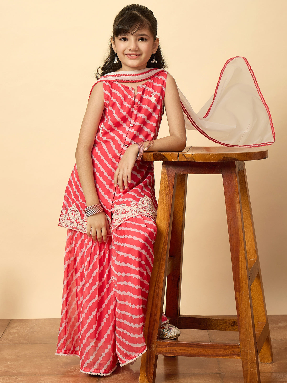 Girls Above Knee Embroidery Kurti Set - Red