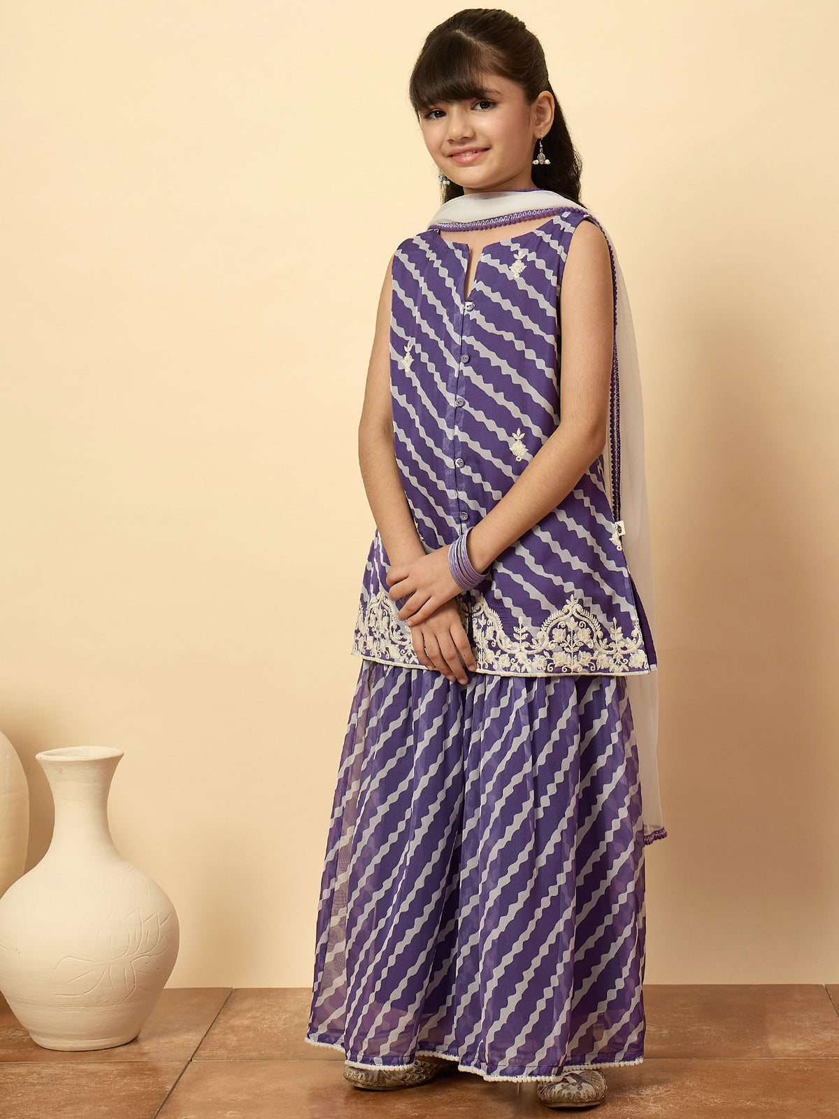 Girls Above Knee Embroidery Kurti Set - Purple