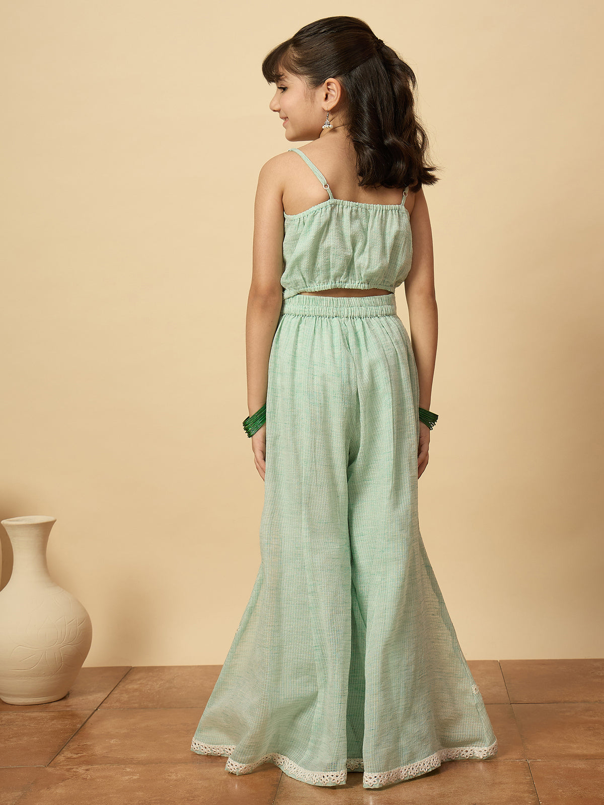 Girls Embroidery Top With Pants - Green