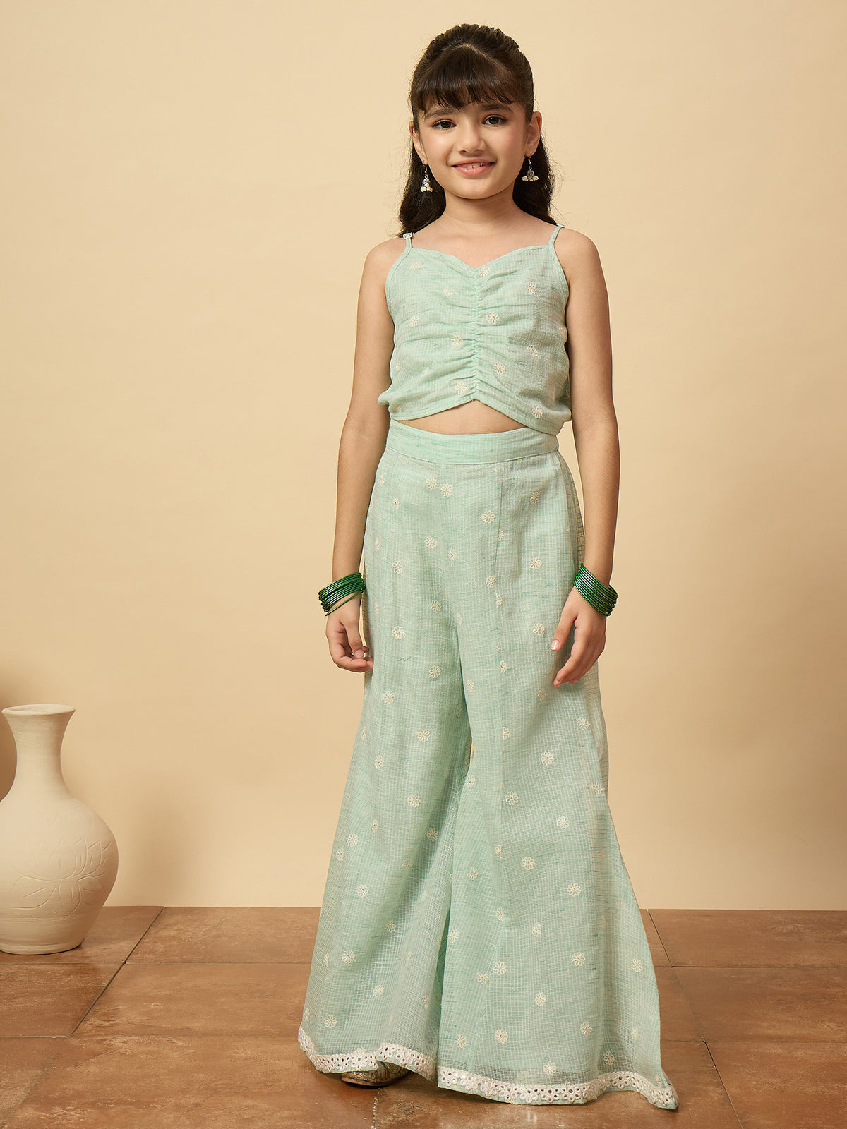 Girls Embroidery Top With Pants - Green