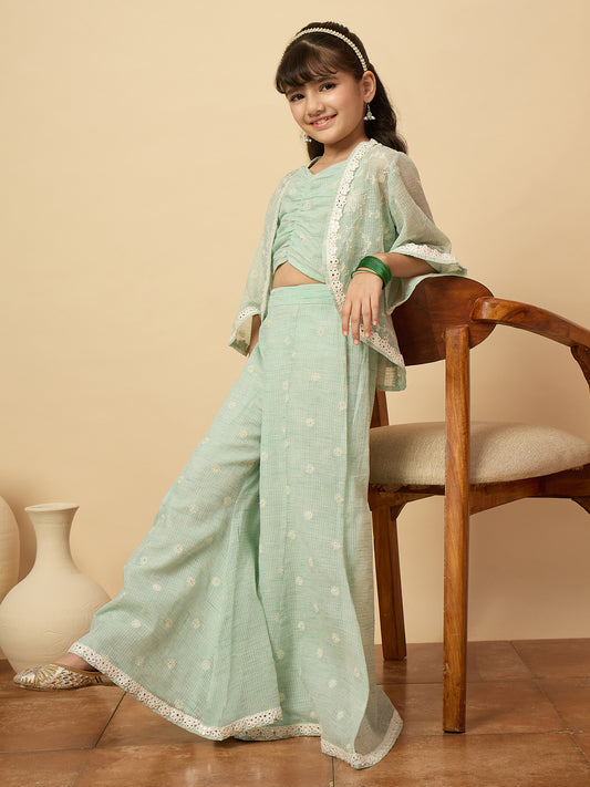 Girls Embroidery Top With Pants - Green
