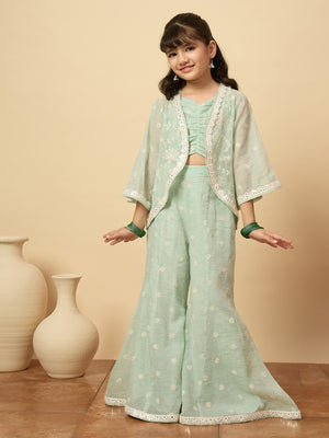 Girls Embroidery Top With Pants - Green