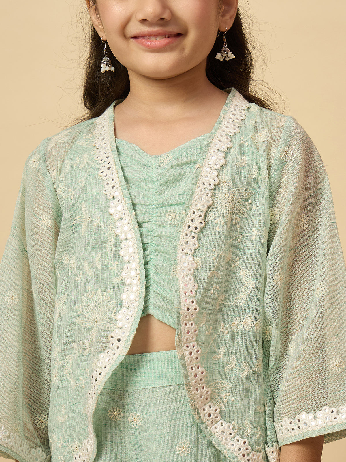 Girls Embroidery Top With Pants - Green