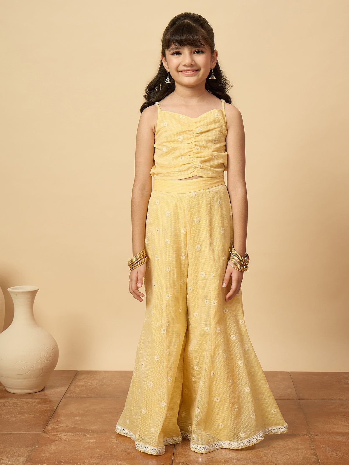 Girls Embroidery Top With Pants - Yellow