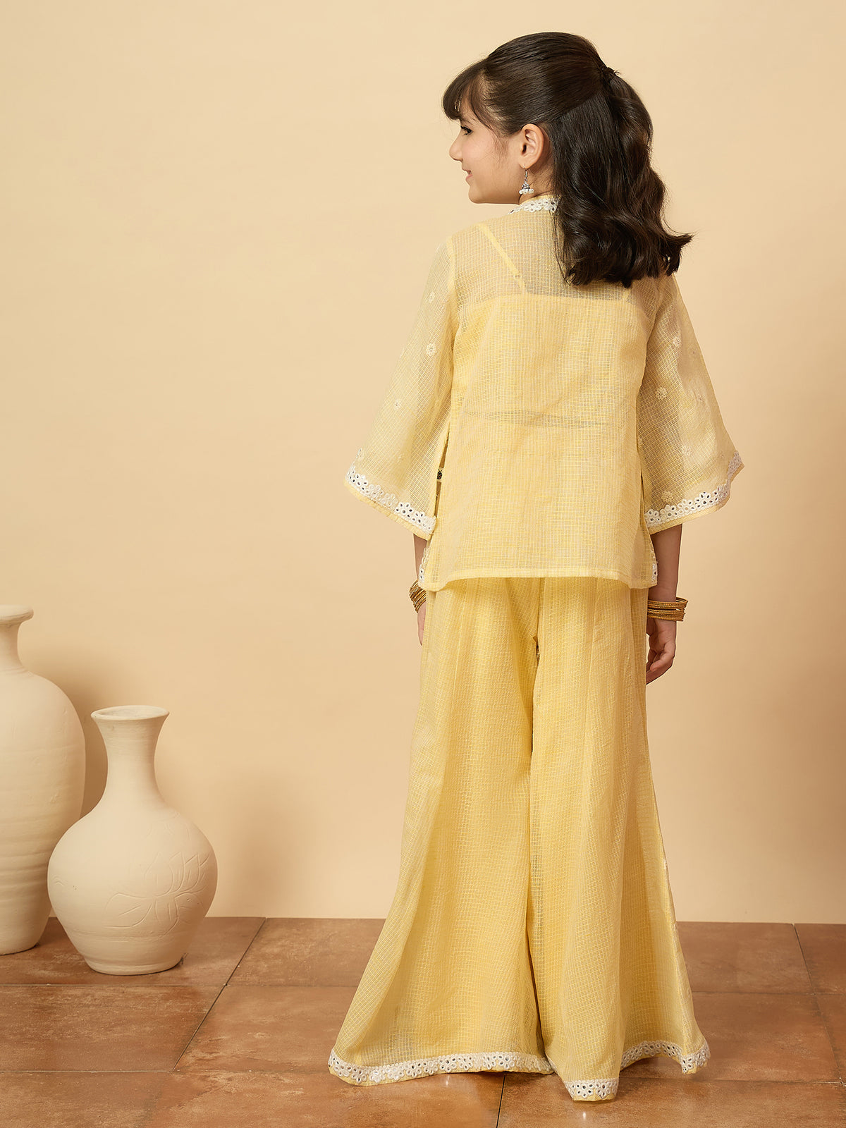Girls Embroidery Top With Pants - Yellow