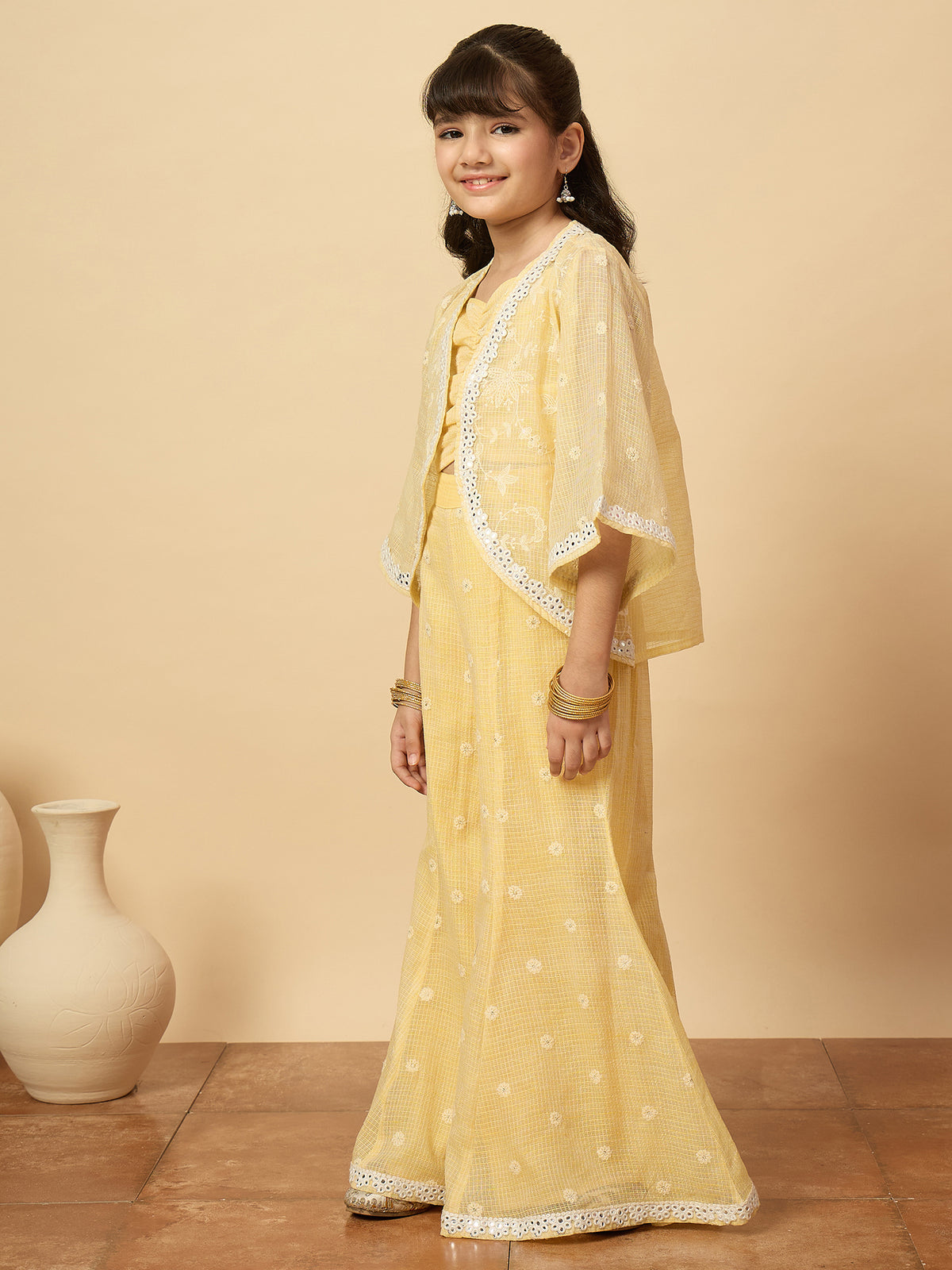 Girls Embroidery Top With Pants - Yellow