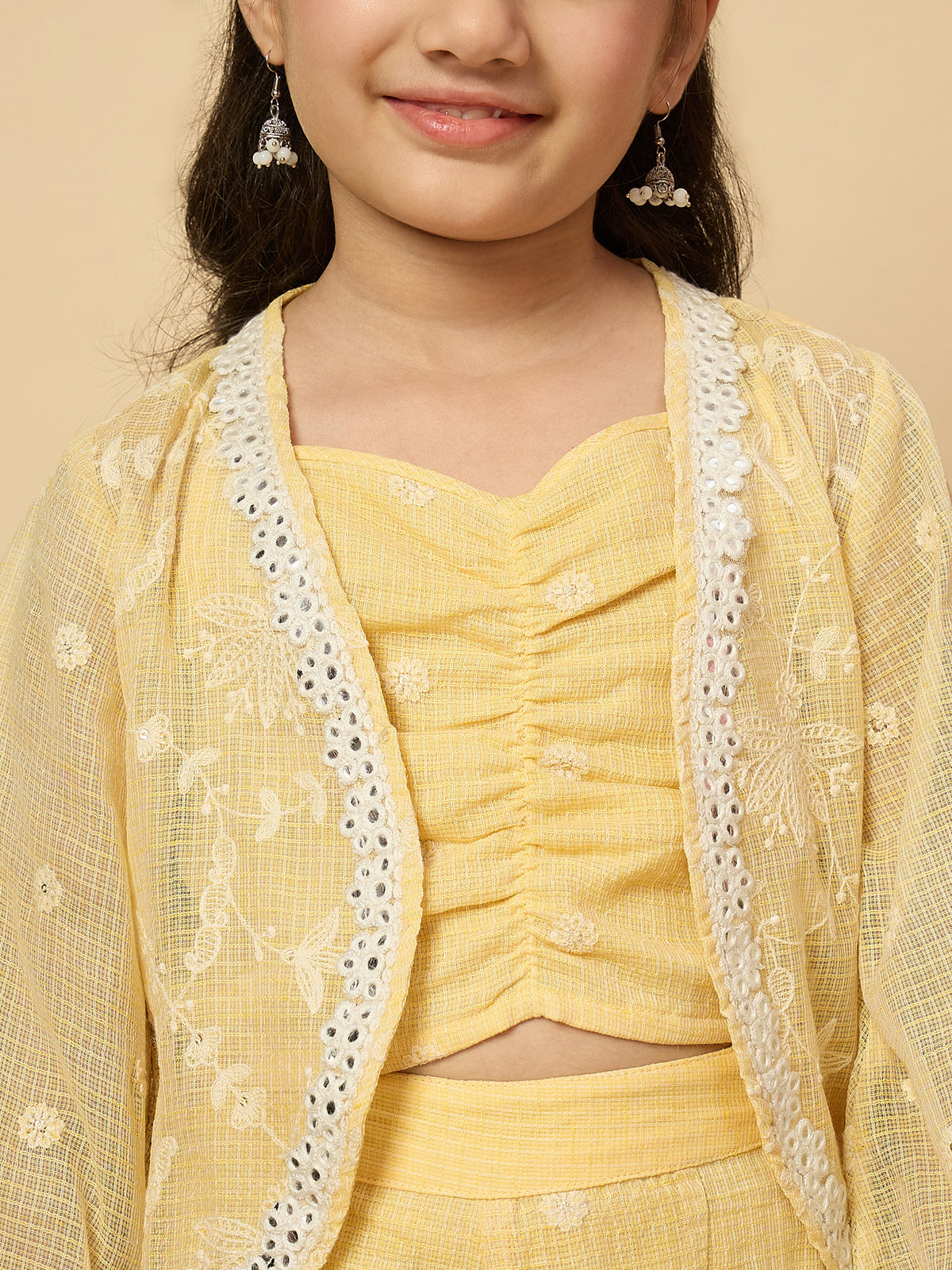 Girls Embroidery Top With Pants - Yellow