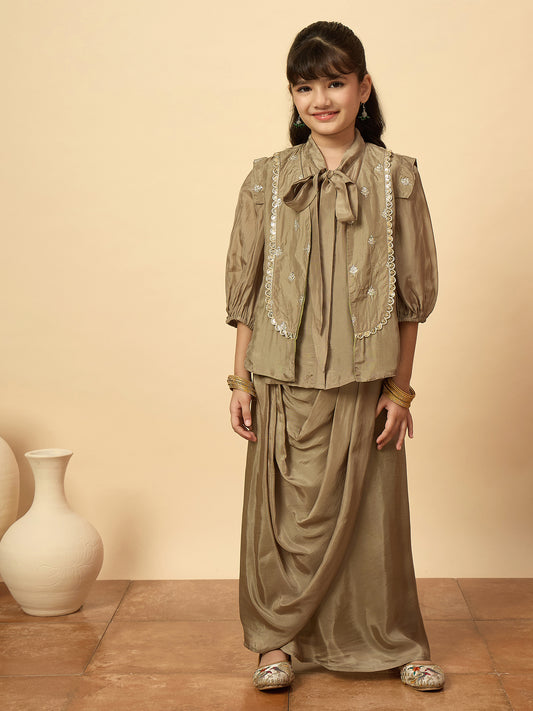 Girls Embroidery Top with Saree - Grey