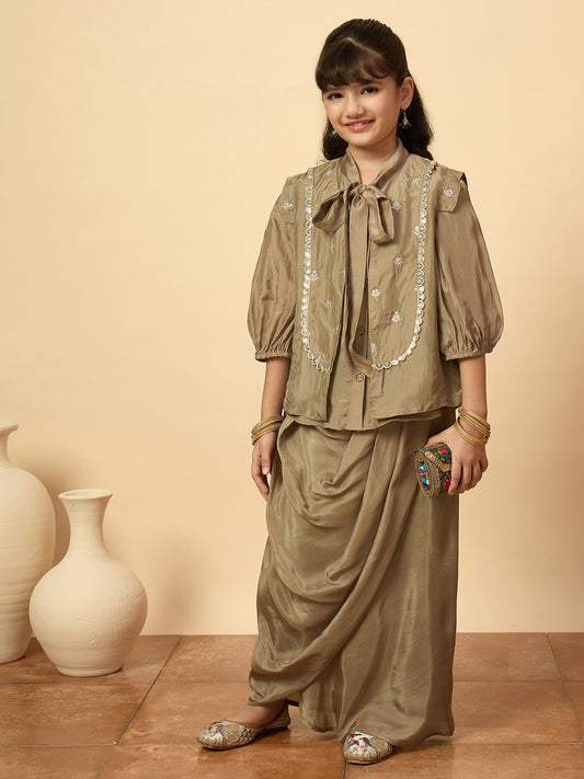 Girls Embroidery Top with Saree - Grey